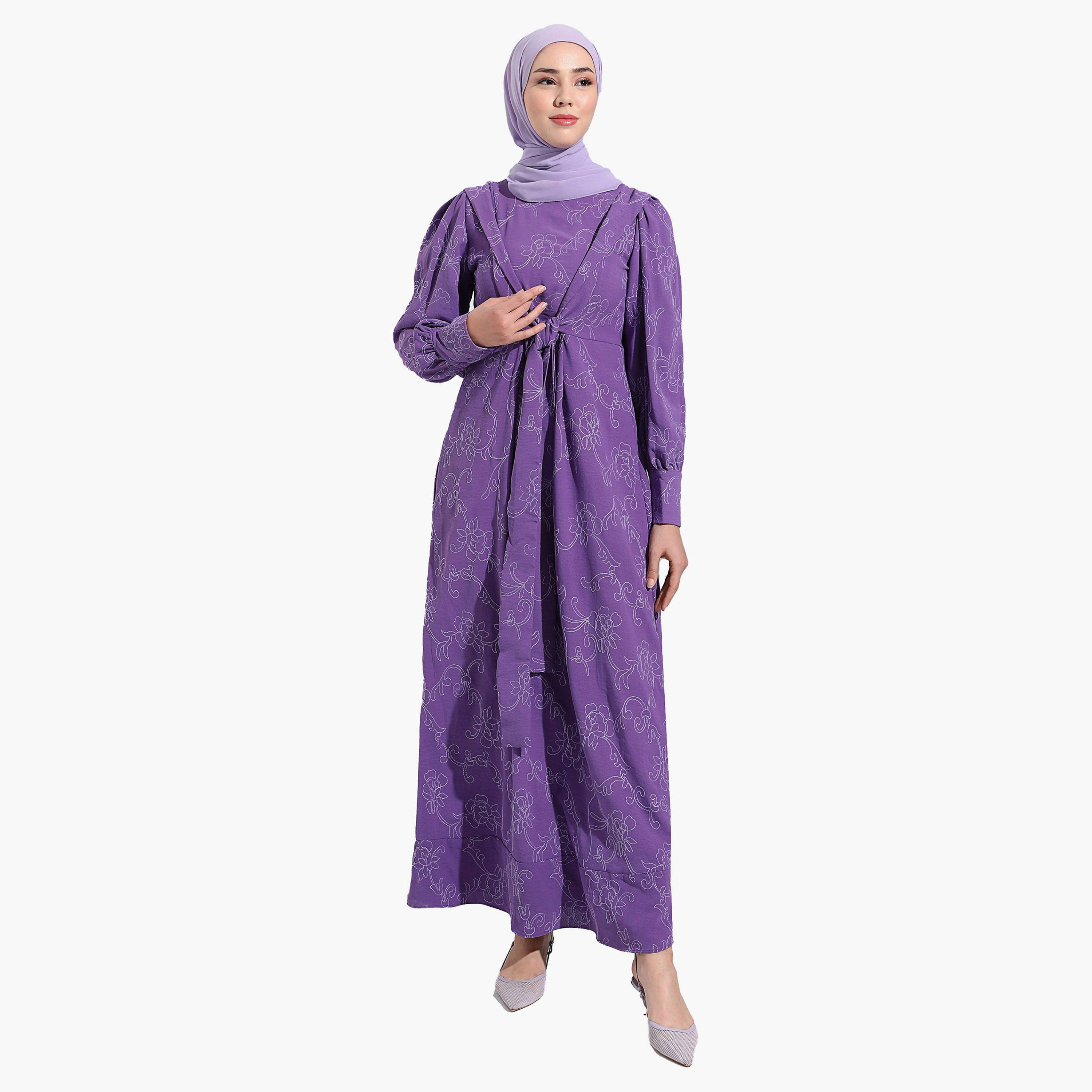 Modanisa Embroidered Crew Neck Tie Front Modest Dress-women-clothing-dresses-image-1