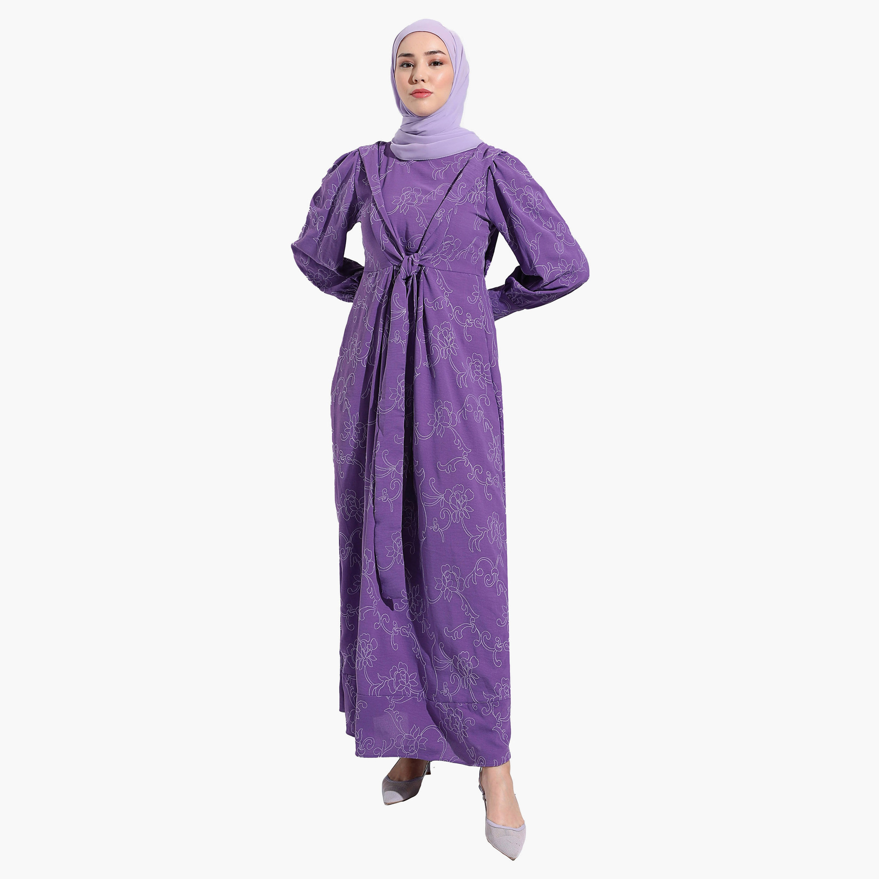 Modanisa Embroidered Crew Neck Tie Front Modest Dress-women-clothing-dresses-image-2