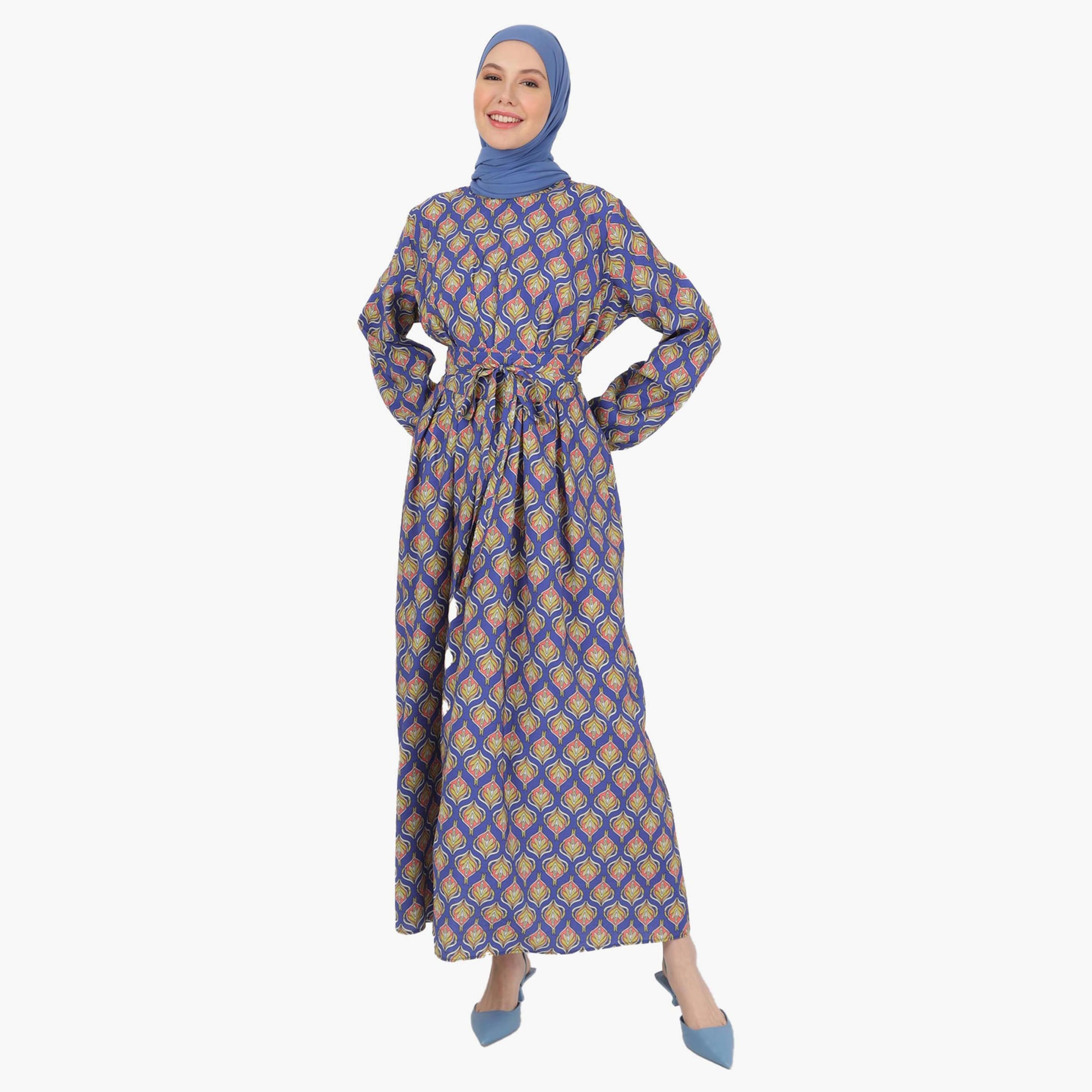 Modanisa Printed Crew Neck Tie Belt Pleated Modest Dress-women-clothing-dresses-image-1