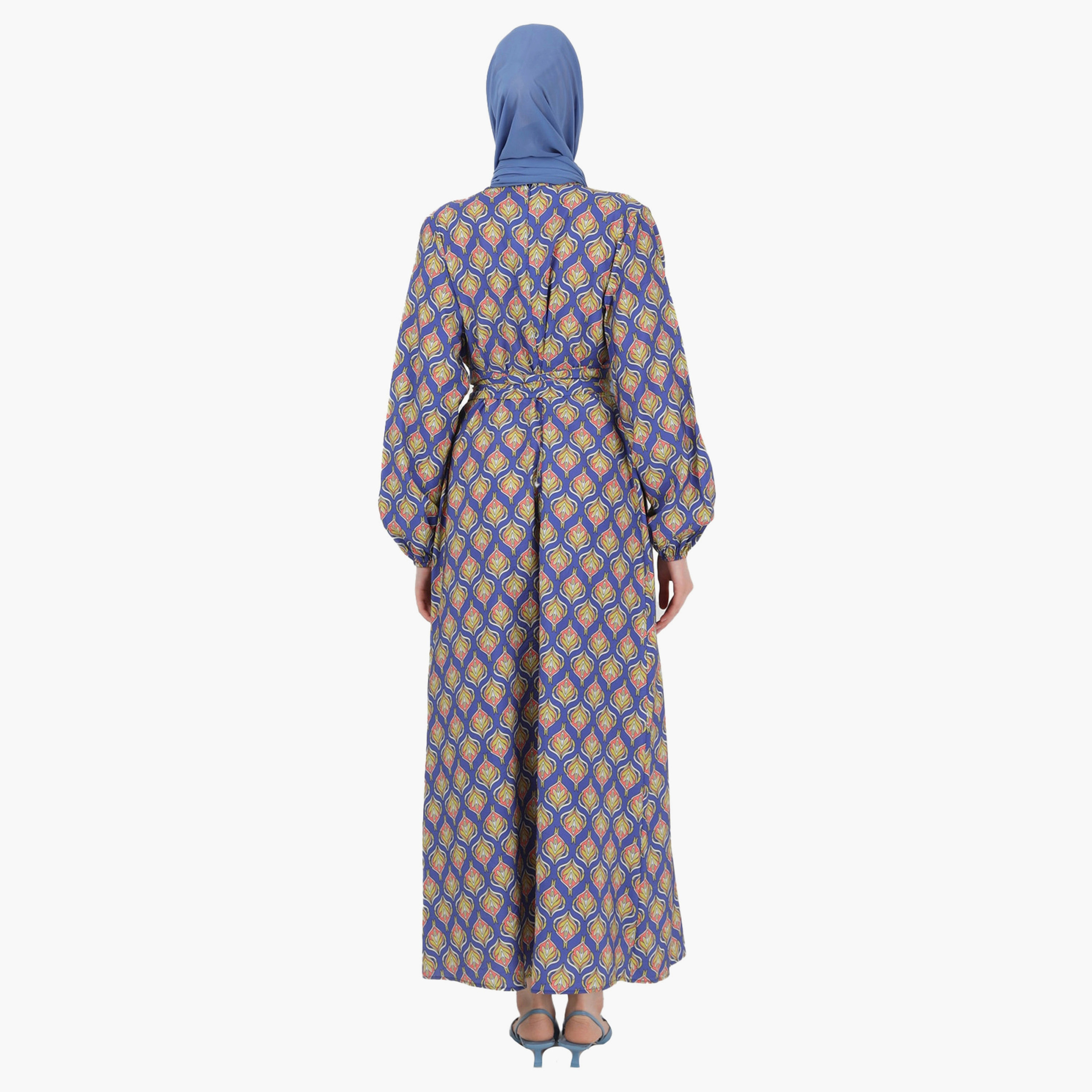 Modanisa Printed Crew Neck Tie Belt Pleated Modest Dress-women-clothing-dresses-image-5