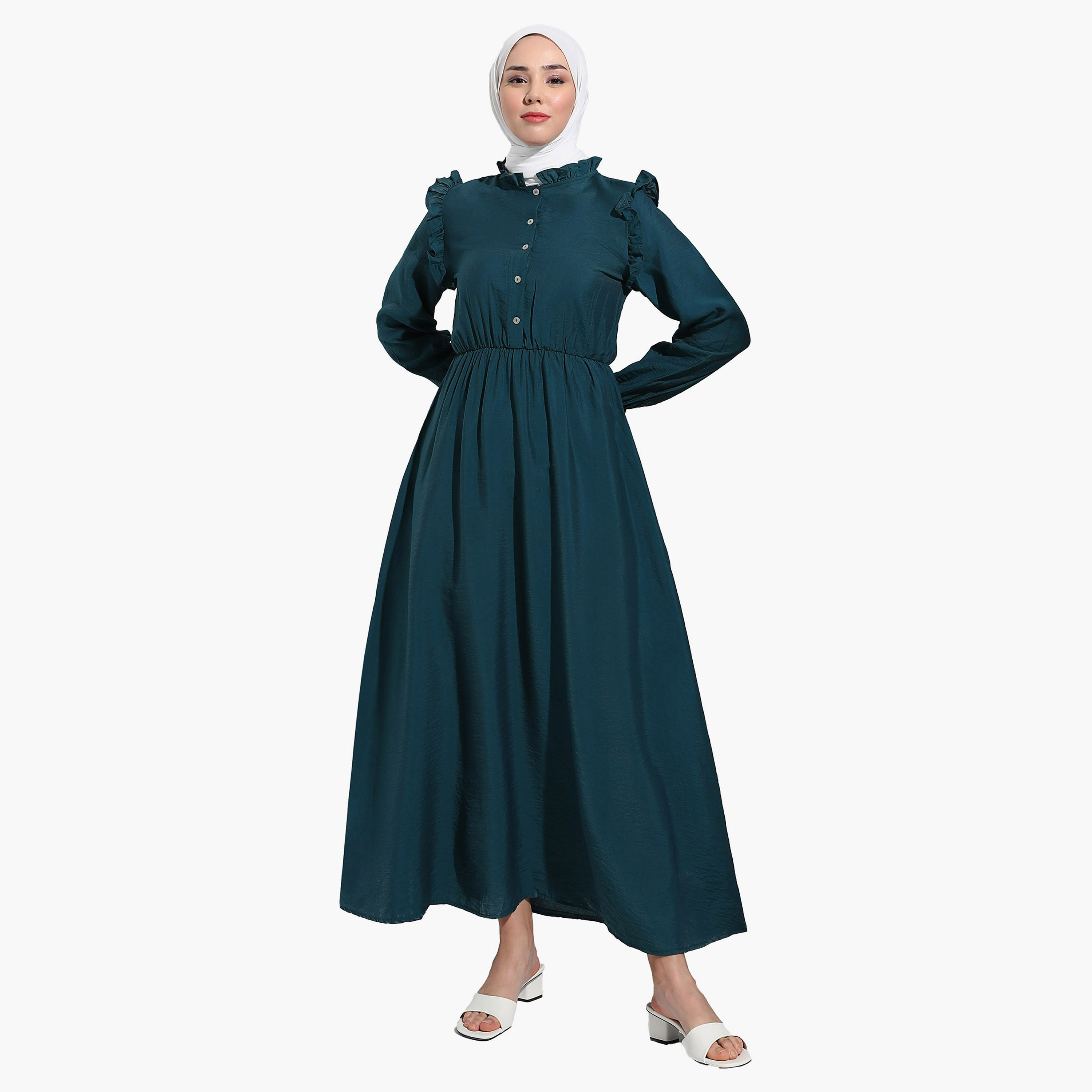 فستان متواضع سادة بأزرار وياقة مكشكشة من مودانيسا-women-clothing-dresses-image-5