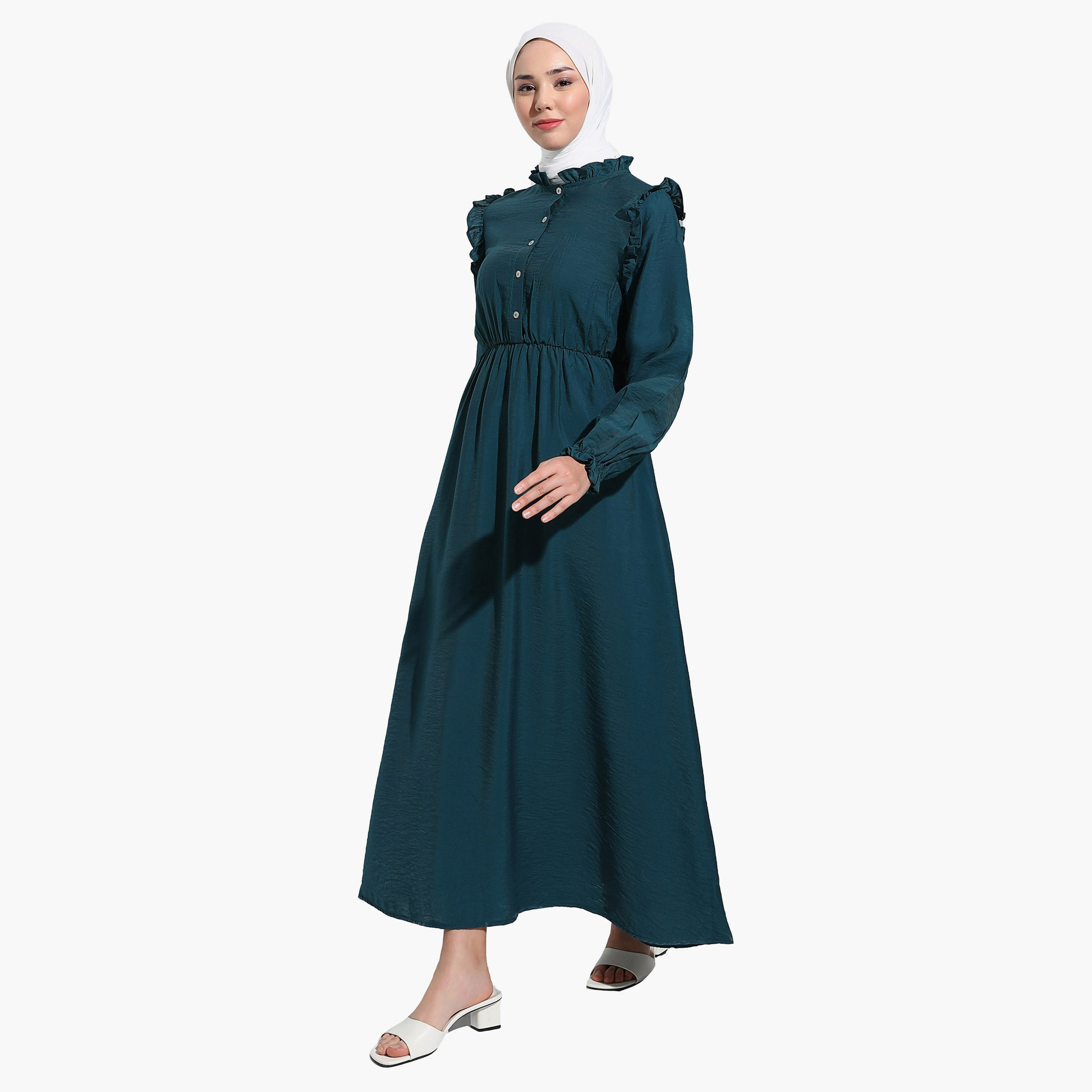Modanisa Plain Ruffled Neck Buttoned Modest Dress-women-clothing-dresses-image-2