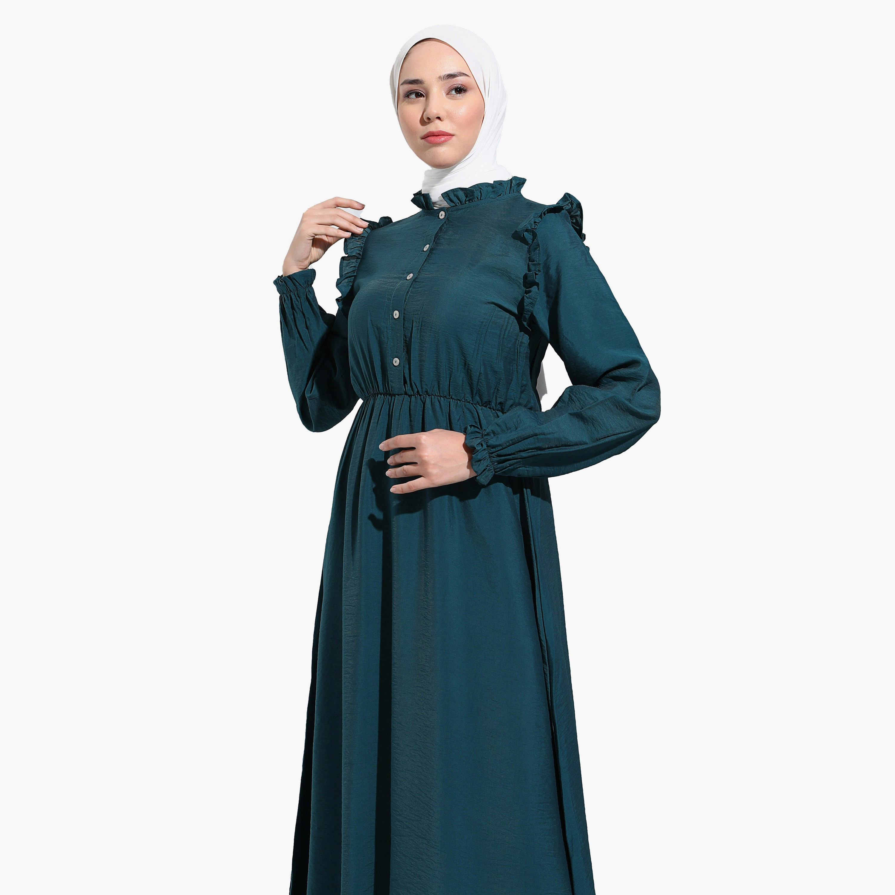Modanisa Plain Ruffled Neck Buttoned Modest Dress-women-clothing-dresses-image-4