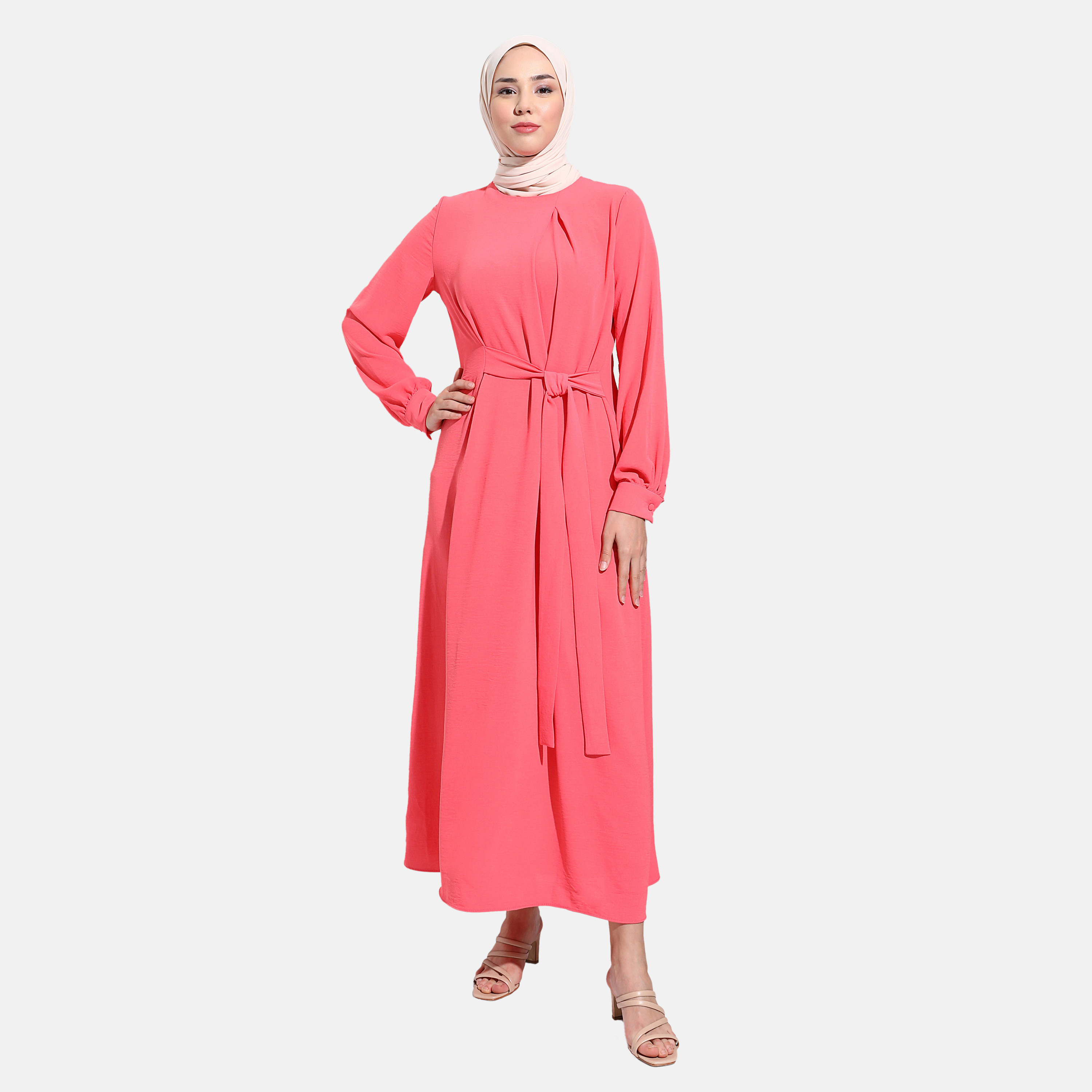 Modanisa Pleated Crew Neck Front Tie-Up Belted Dress-women-clothing-dresses-image-1