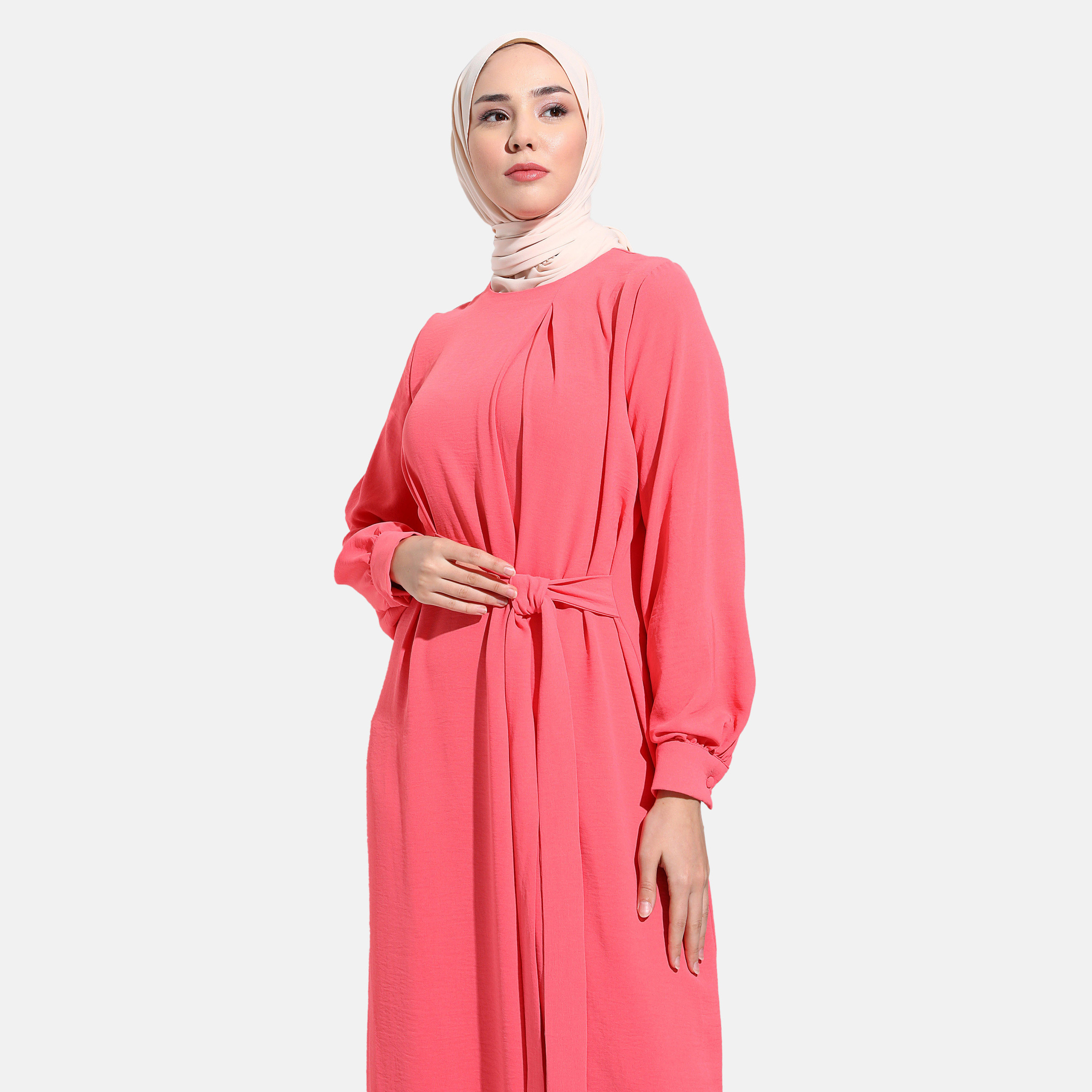 Modanisa Pleated Crew Neck Front Tie-Up Belted Dress-women-clothing-dresses-image-2