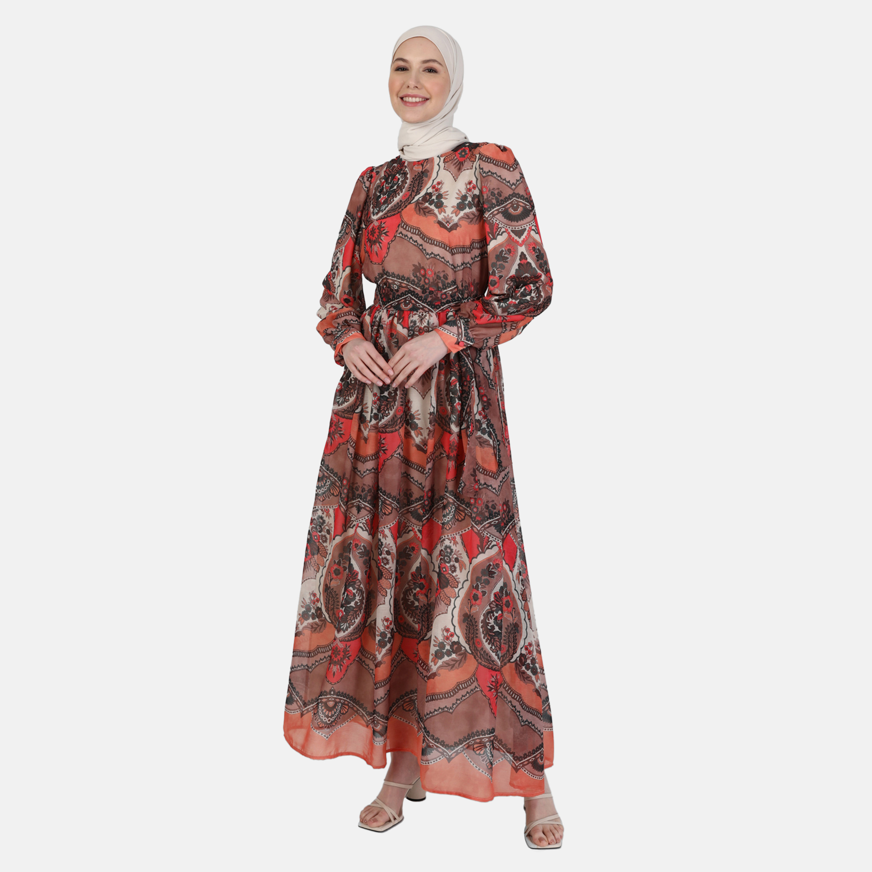 فستان مودانيسا مطبوع برقبة دائرية ورباط أمامي مع حزام-women-clothing-dresses-image-1