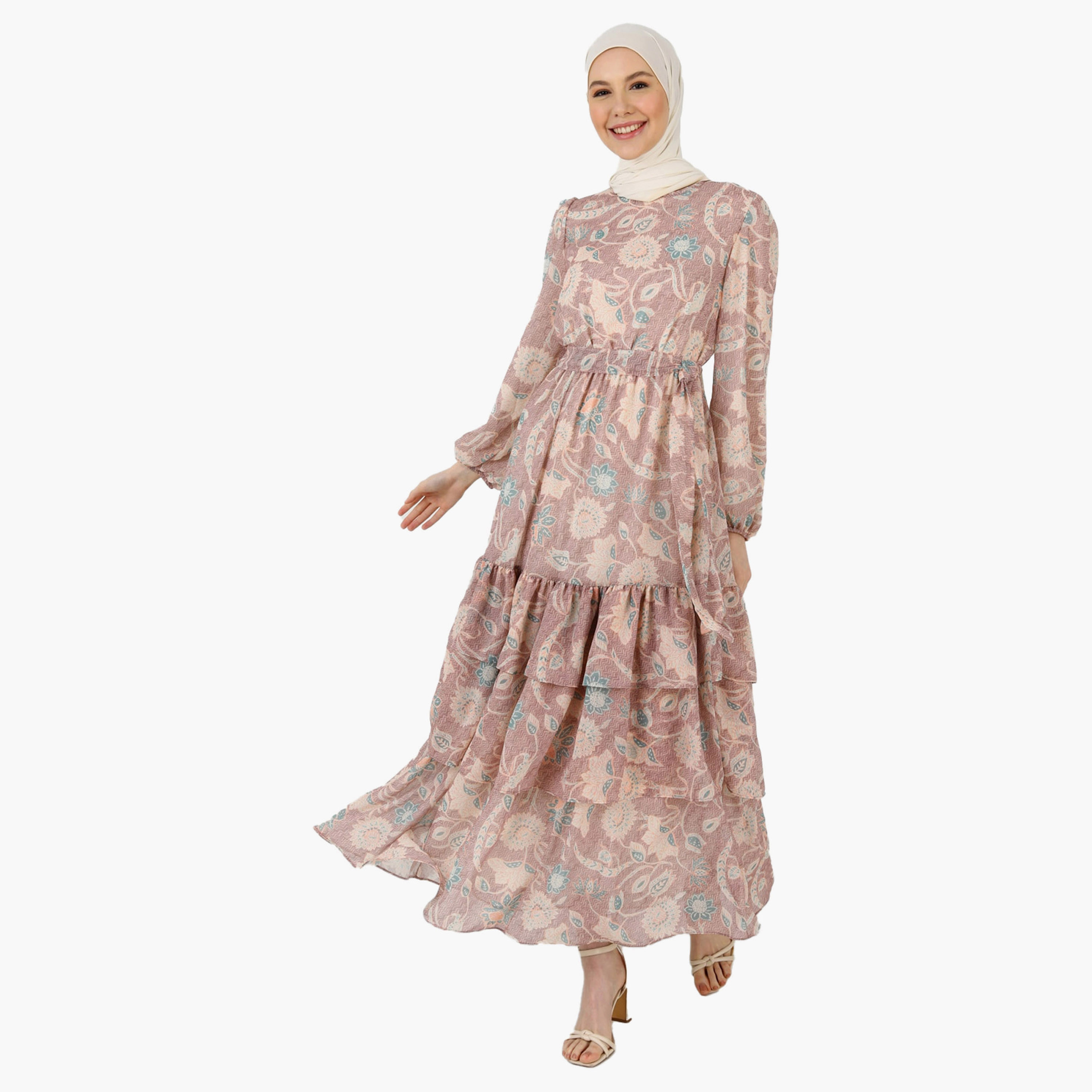 فستان متواضع بطبقات مطبوعة برقبة دائرية وحزام ربطة من مودانيشا-women-clothing-dresses-image-1