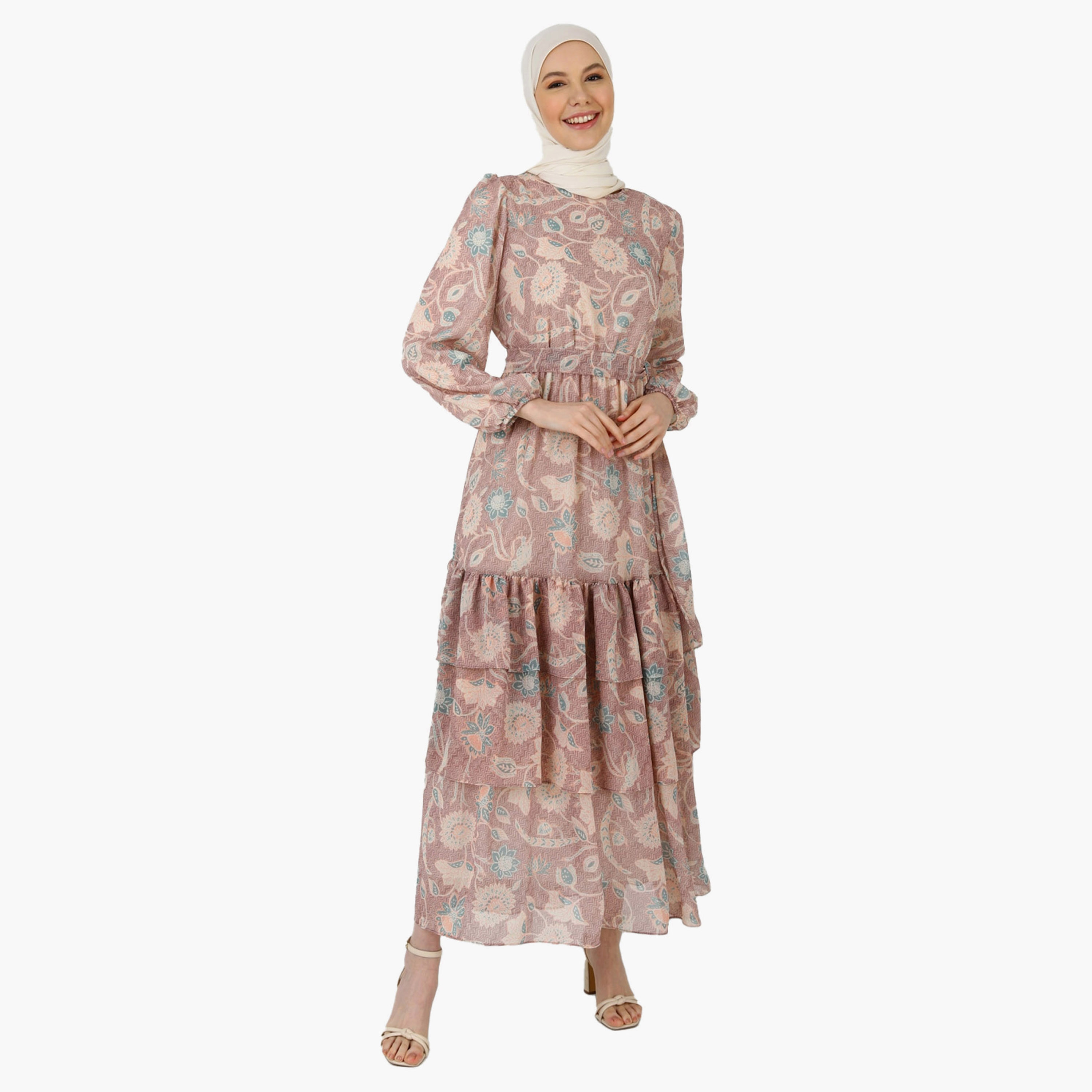 Modanisa Printed Crew Neck Tie Belt Tiered Modest Dress-women-clothing-dresses-image-2