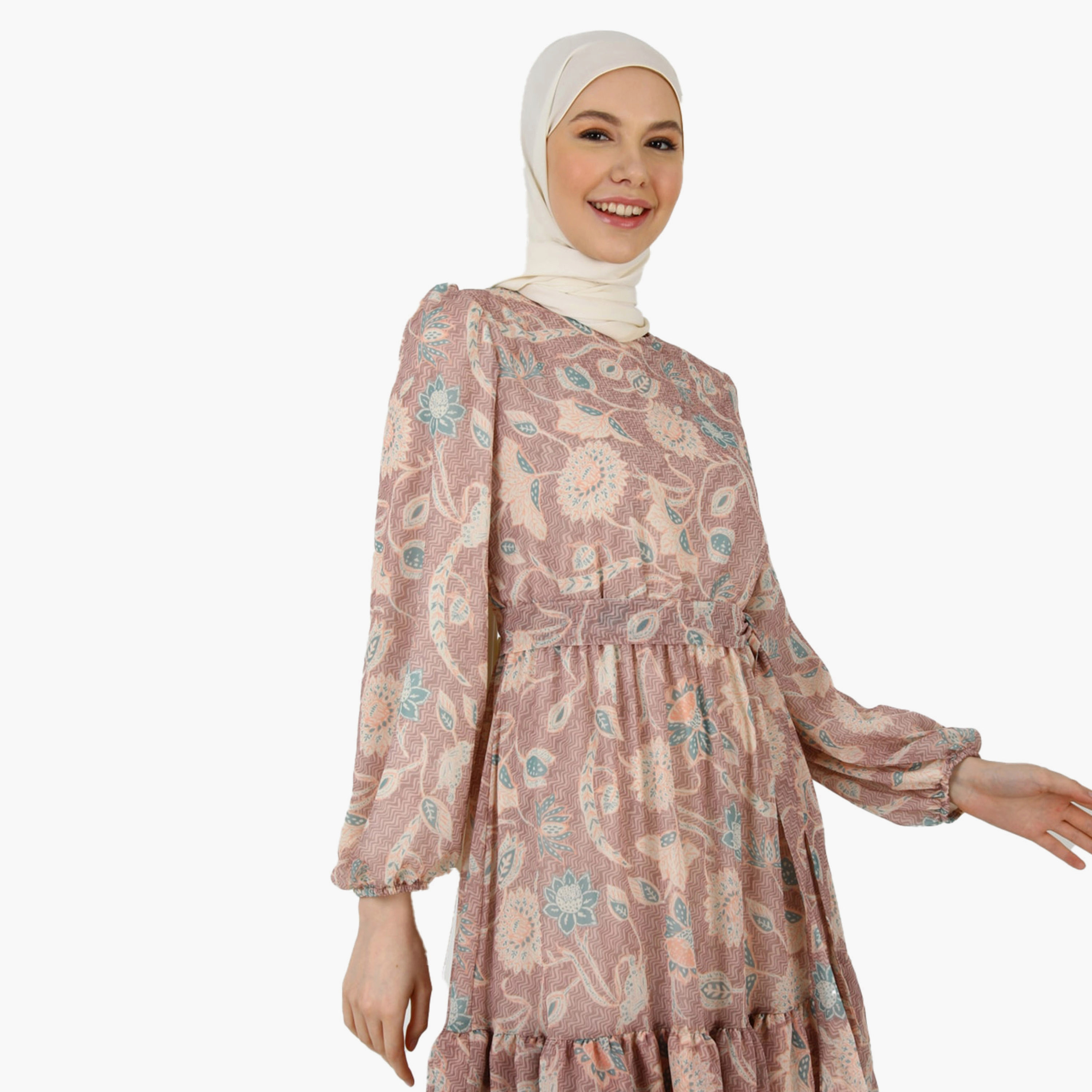 Modanisa Printed Crew Neck Tie Belt Tiered Modest Dress-women-clothing-dresses-image-3