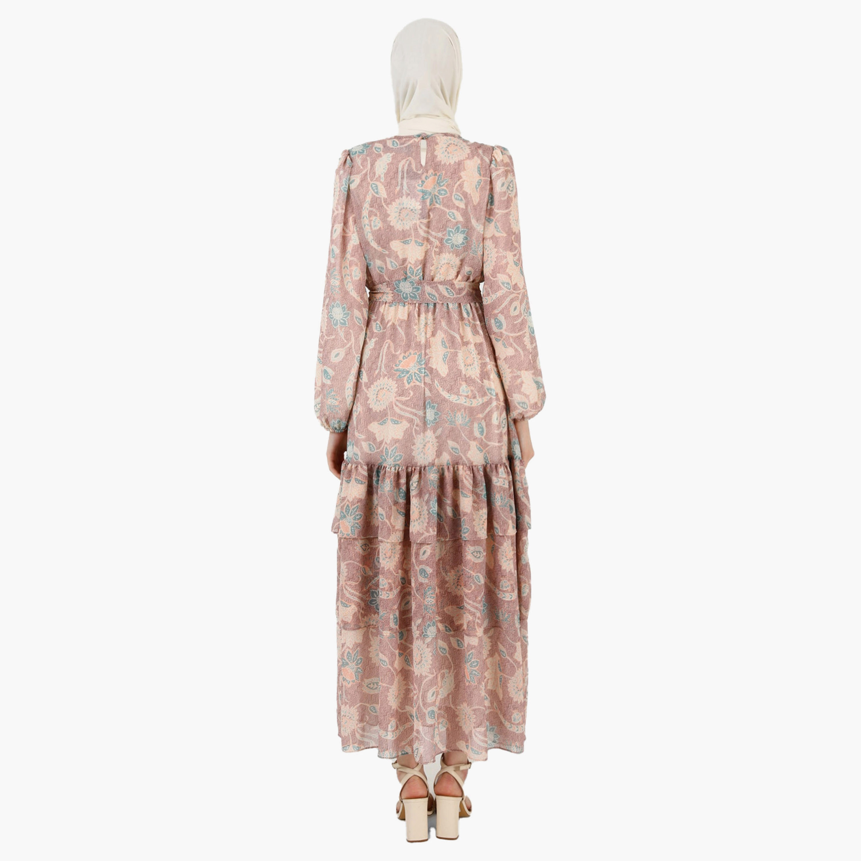 Modanisa Printed Crew Neck Tie Belt Tiered Modest Dress-women-clothing-dresses-image-5