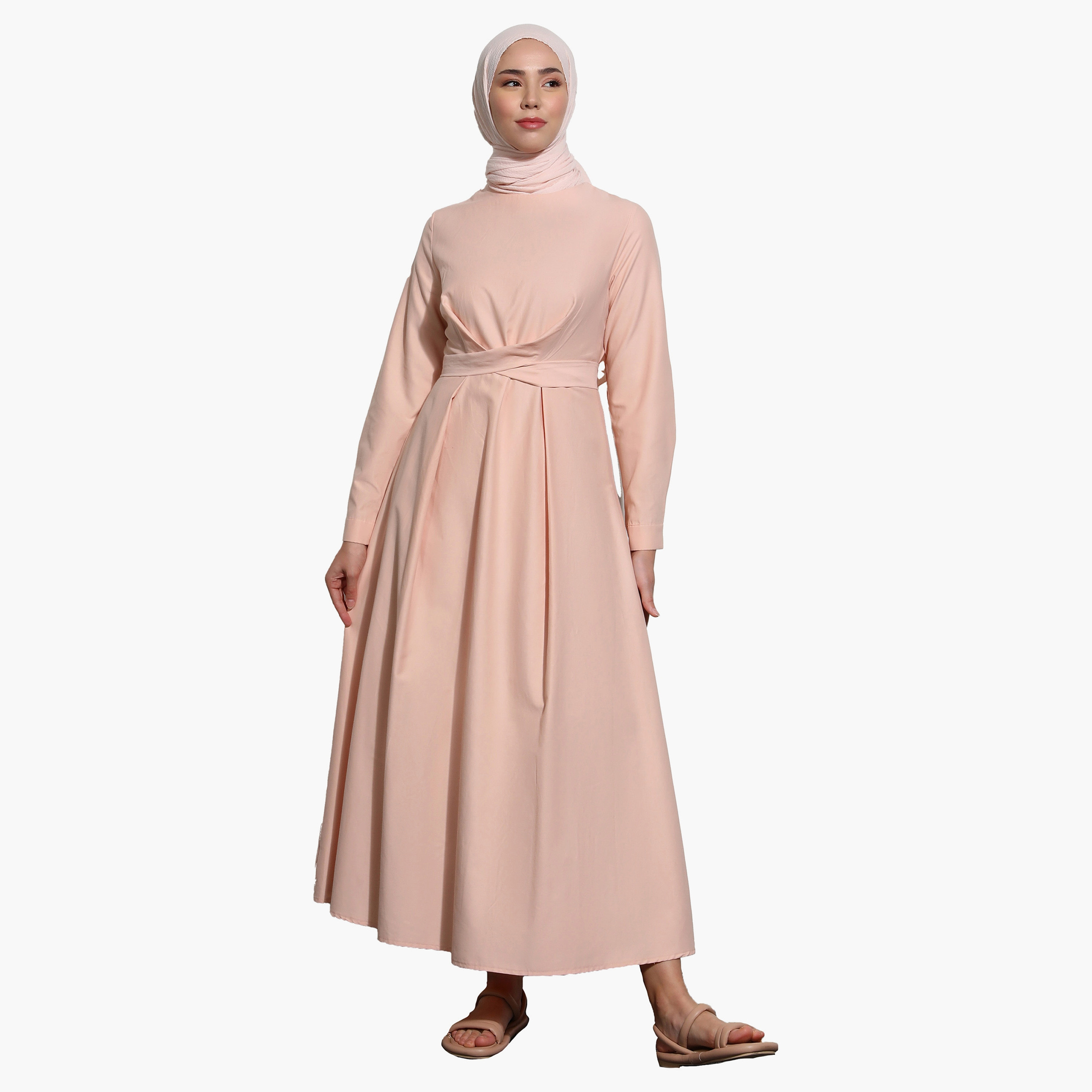 فستان متواضع عادية برقبة دائرية عادي وحزام خلفي من مودانيشا-women-clothing-dresses-image-2