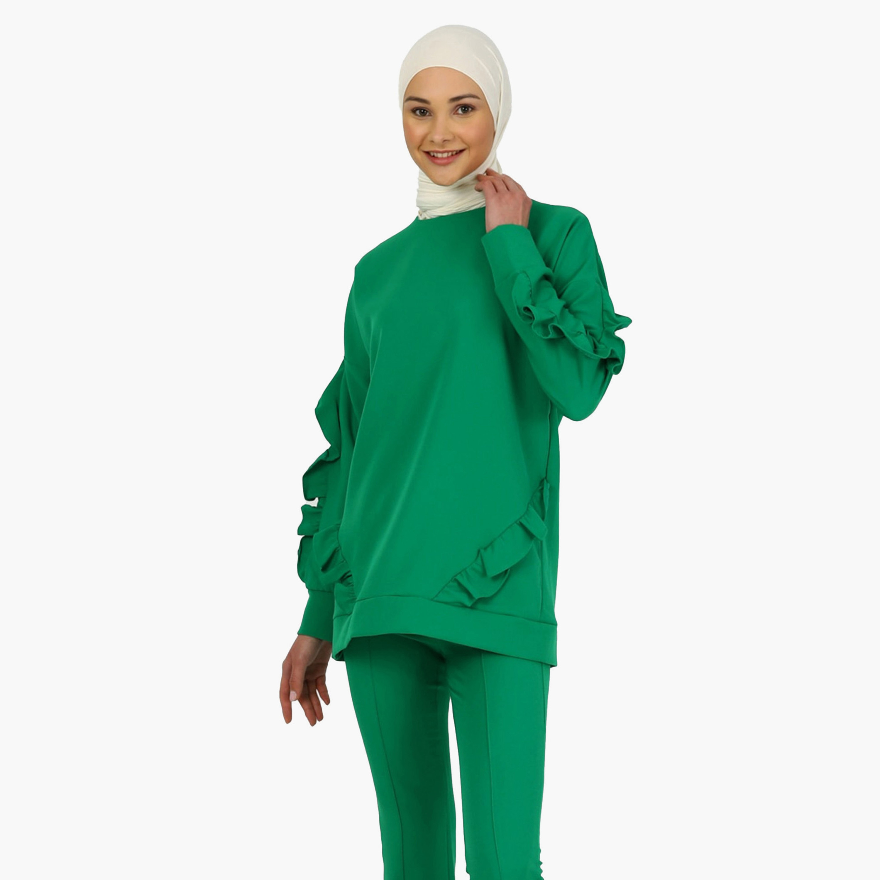 بلوزة تونيك سادة بياقة دائرية وأكمام طويلة مع تفاصيل مكشكش من مودانيشا-women-clothing-shirtsandblouses-blouses-image-1