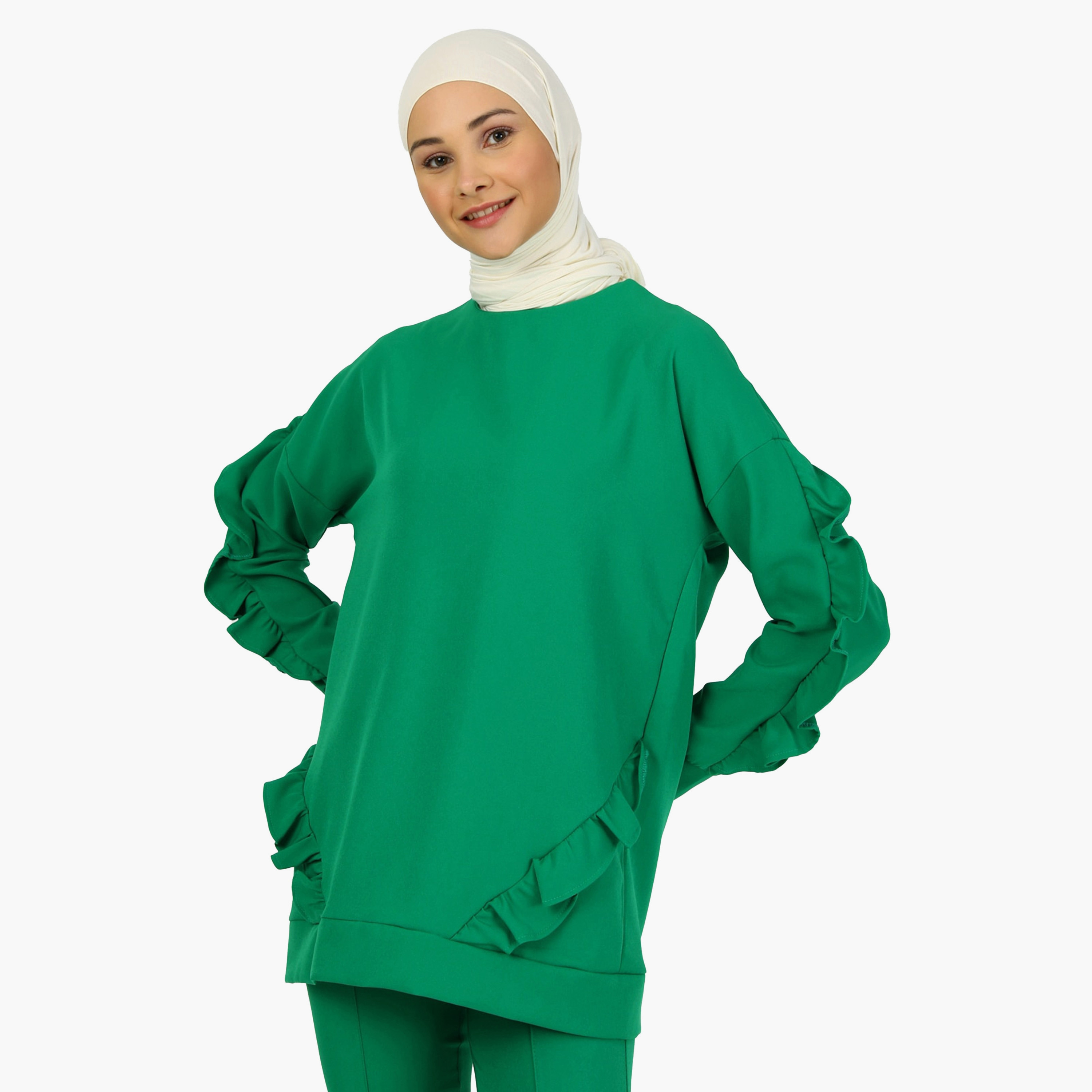 بلوزة تونيك سادة بياقة دائرية وأكمام طويلة مع تفاصيل مكشكش من مودانيشا-women-clothing-shirtsandblouses-blouses-image-2