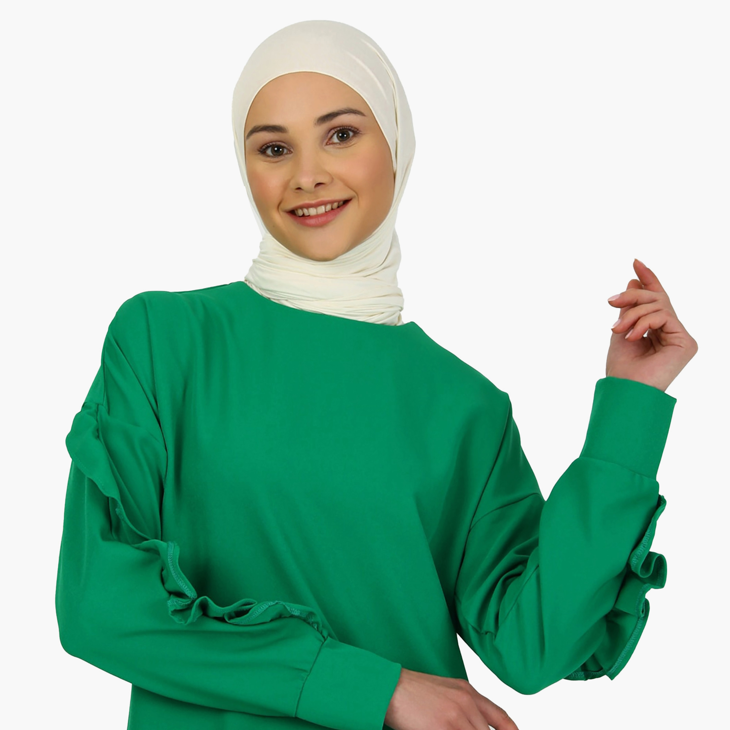 بلوزة تونيك سادة بياقة دائرية وأكمام طويلة مع تفاصيل مكشكش من مودانيشا-women-clothing-shirtsandblouses-blouses-image-3