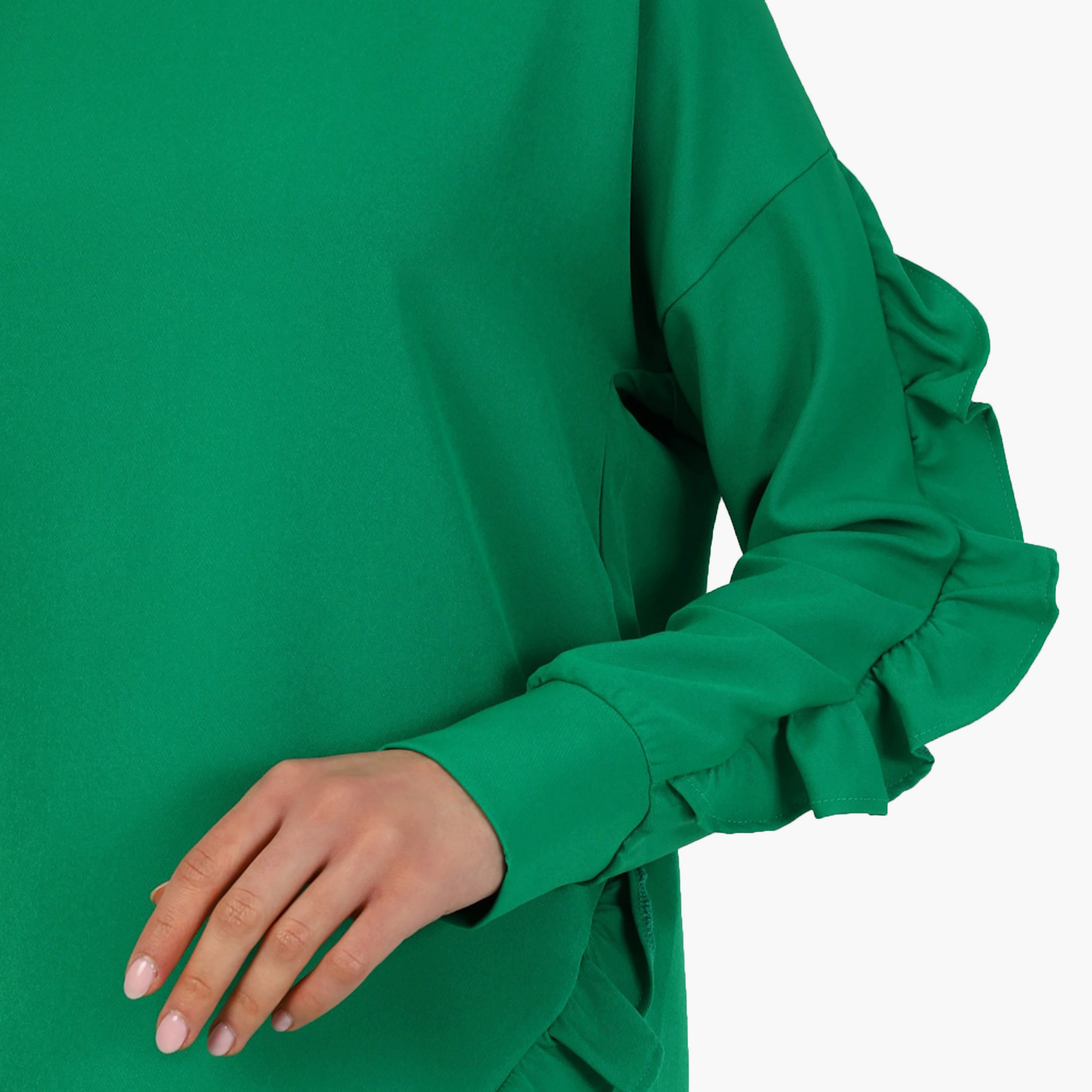 بلوزة تونيك سادة بياقة دائرية وأكمام طويلة مع تفاصيل مكشكش من مودانيشا-women-clothing-shirtsandblouses-blouses-image-4