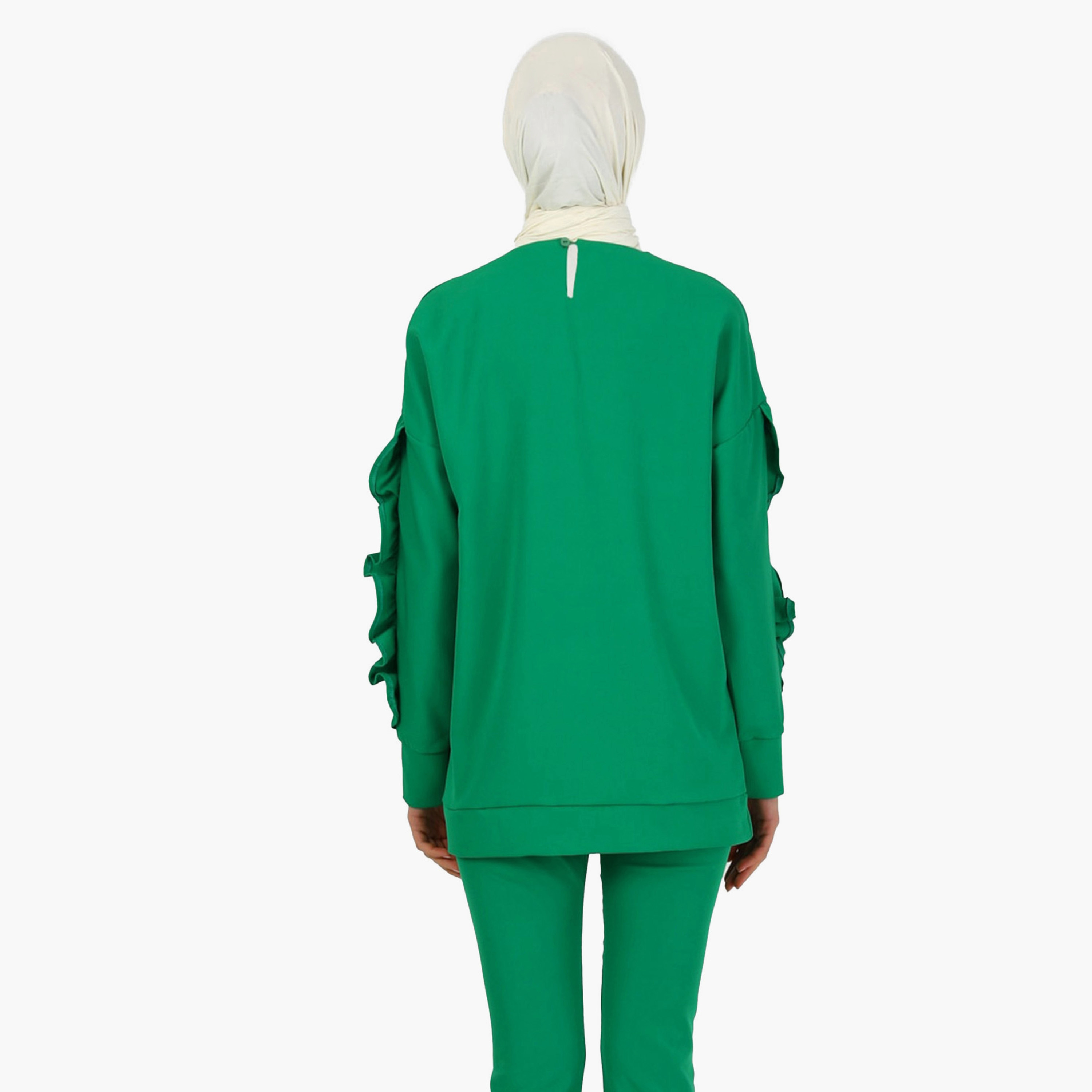 بلوزة تونيك سادة بياقة دائرية وأكمام طويلة مع تفاصيل مكشكش من مودانيشا-women-clothing-shirtsandblouses-blouses-image-5