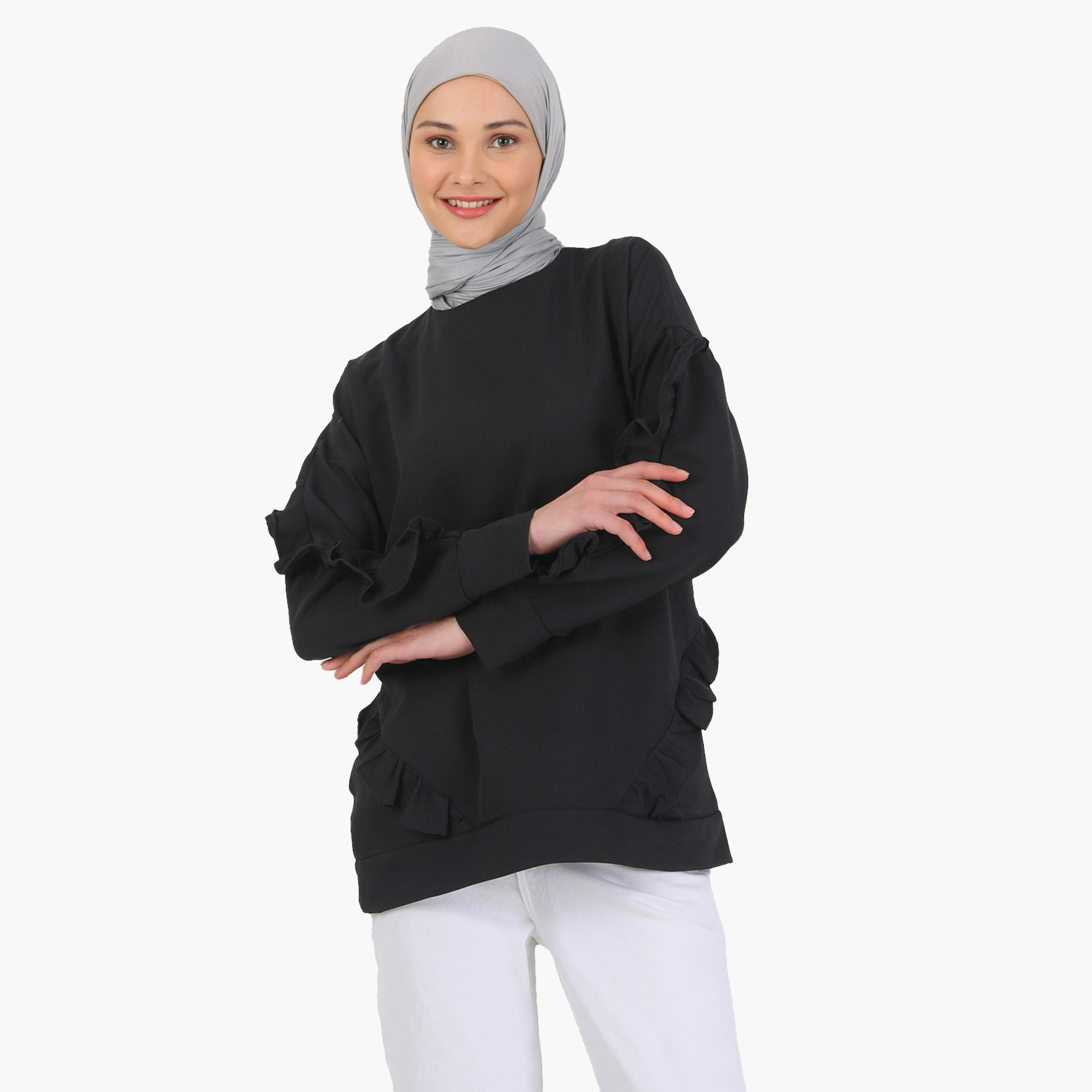 بلوزة تونيك سادة بياقة دائرية وأكمام طويلة مع تفاصيل مكشكش من مودانيشا-women-clothing-shirtsandblouses-blouses-image-1