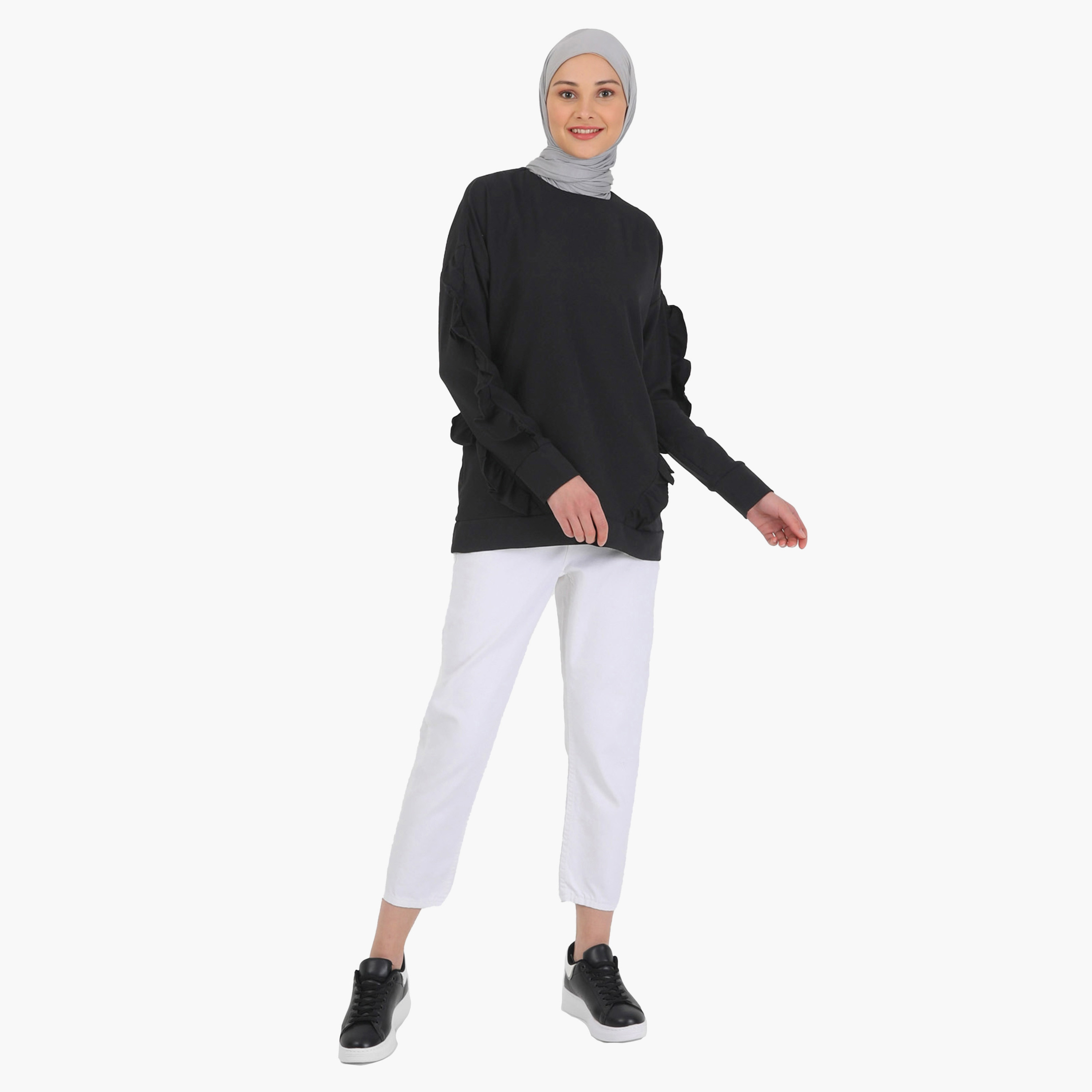 Modanisa Plain Crew Neck Long Sleeves Tunic with Ruffle Detail-women-clothing-shirtsandblouses-blouses-image-2