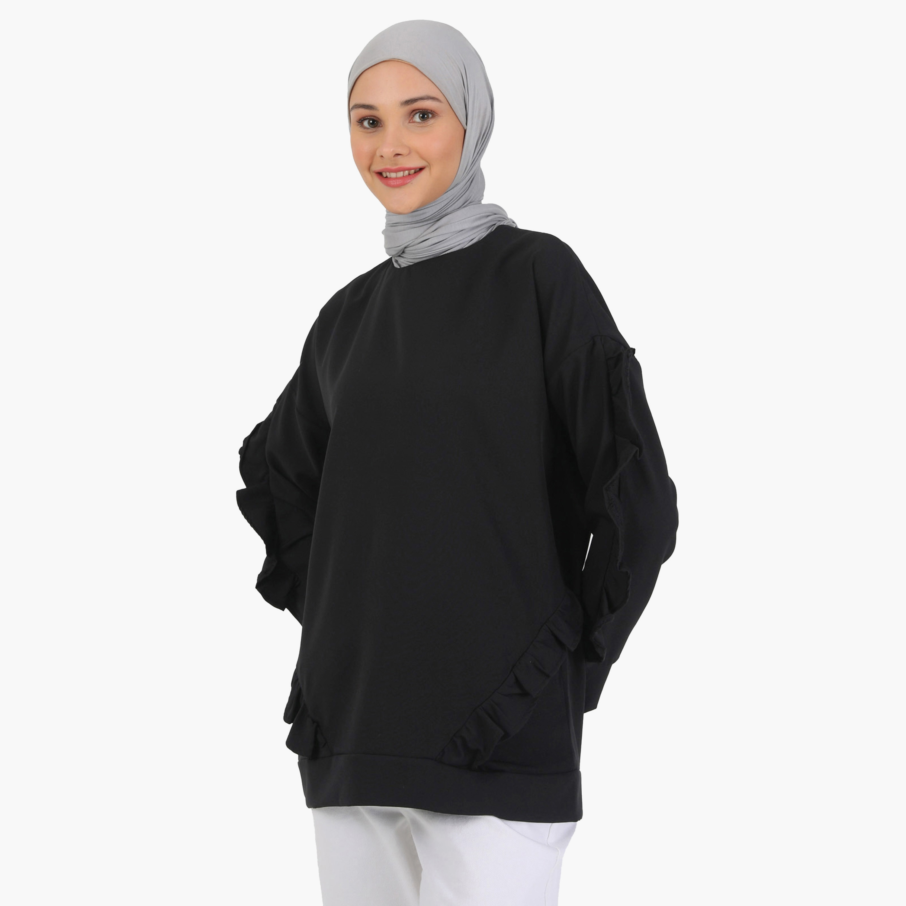 بلوزة تونيك سادة بياقة دائرية وأكمام طويلة مع تفاصيل مكشكش من مودانيشا-women-clothing-shirtsandblouses-blouses-image-3