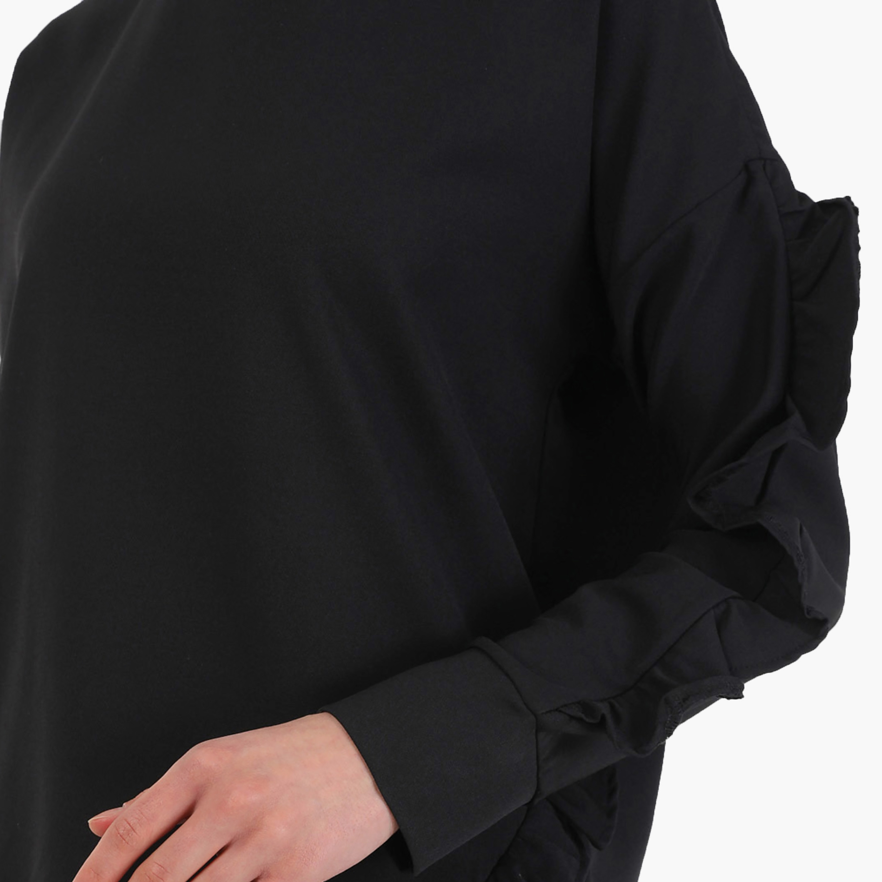 بلوزة تونيك سادة بياقة دائرية وأكمام طويلة مع تفاصيل مكشكش من مودانيشا-women-clothing-shirtsandblouses-blouses-image-4