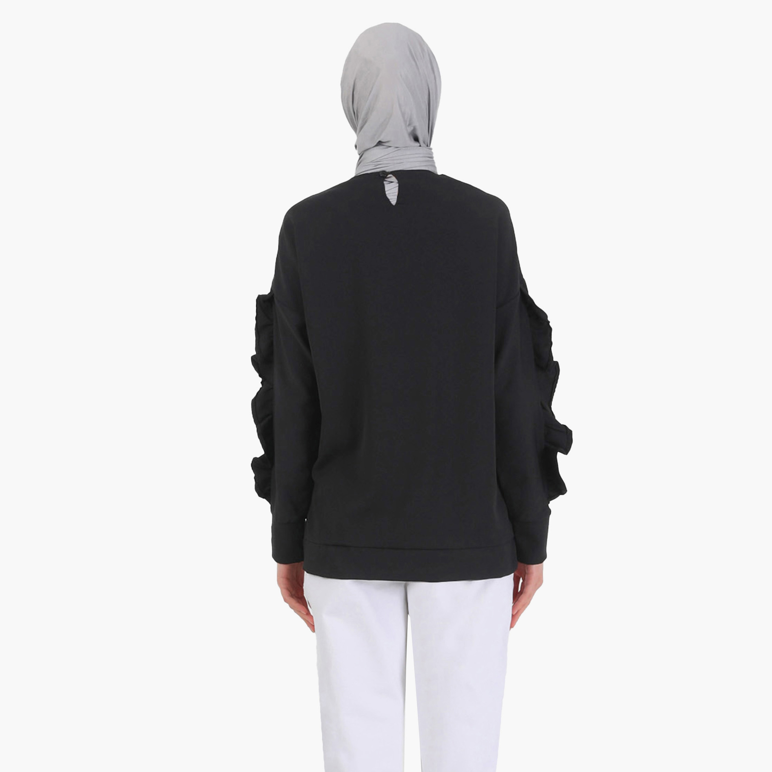 بلوزة تونيك سادة بياقة دائرية وأكمام طويلة مع تفاصيل مكشكش من مودانيشا-women-clothing-shirtsandblouses-blouses-image-5
