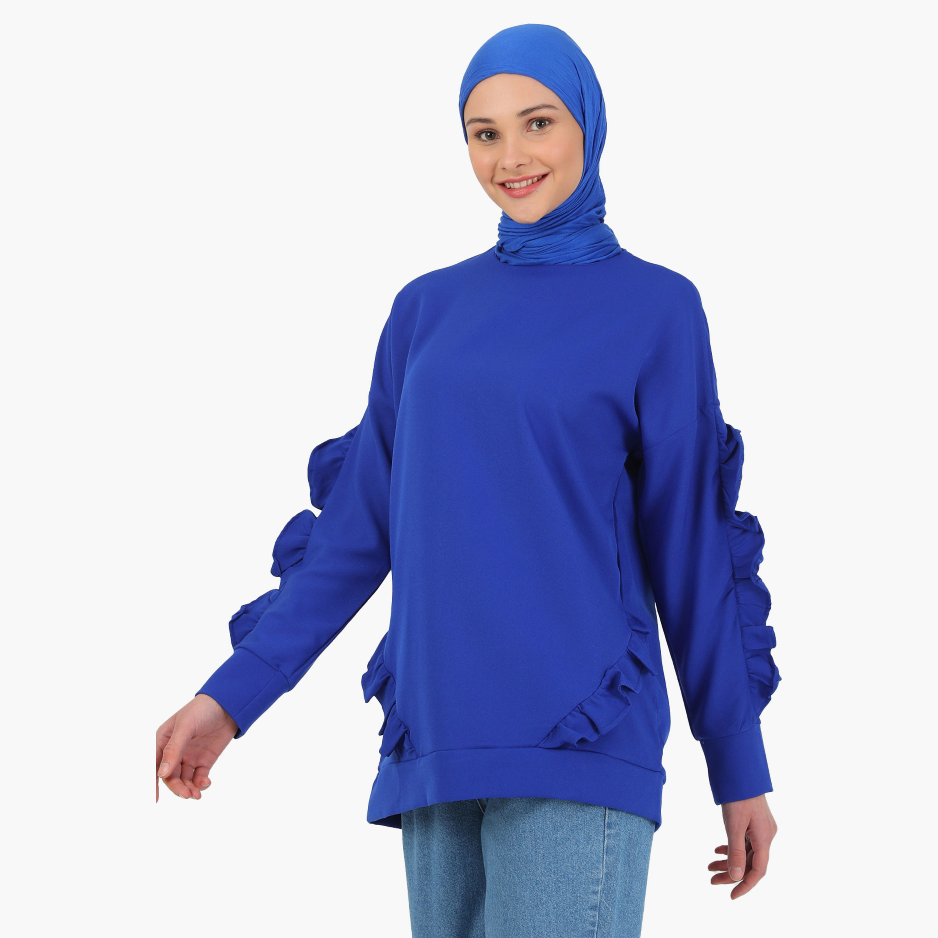 Modanisa Plain Crew Neck Long Sleeves Tunic with Ruffle Detail-women-clothing-shirtsandblouses-blouses-image-1