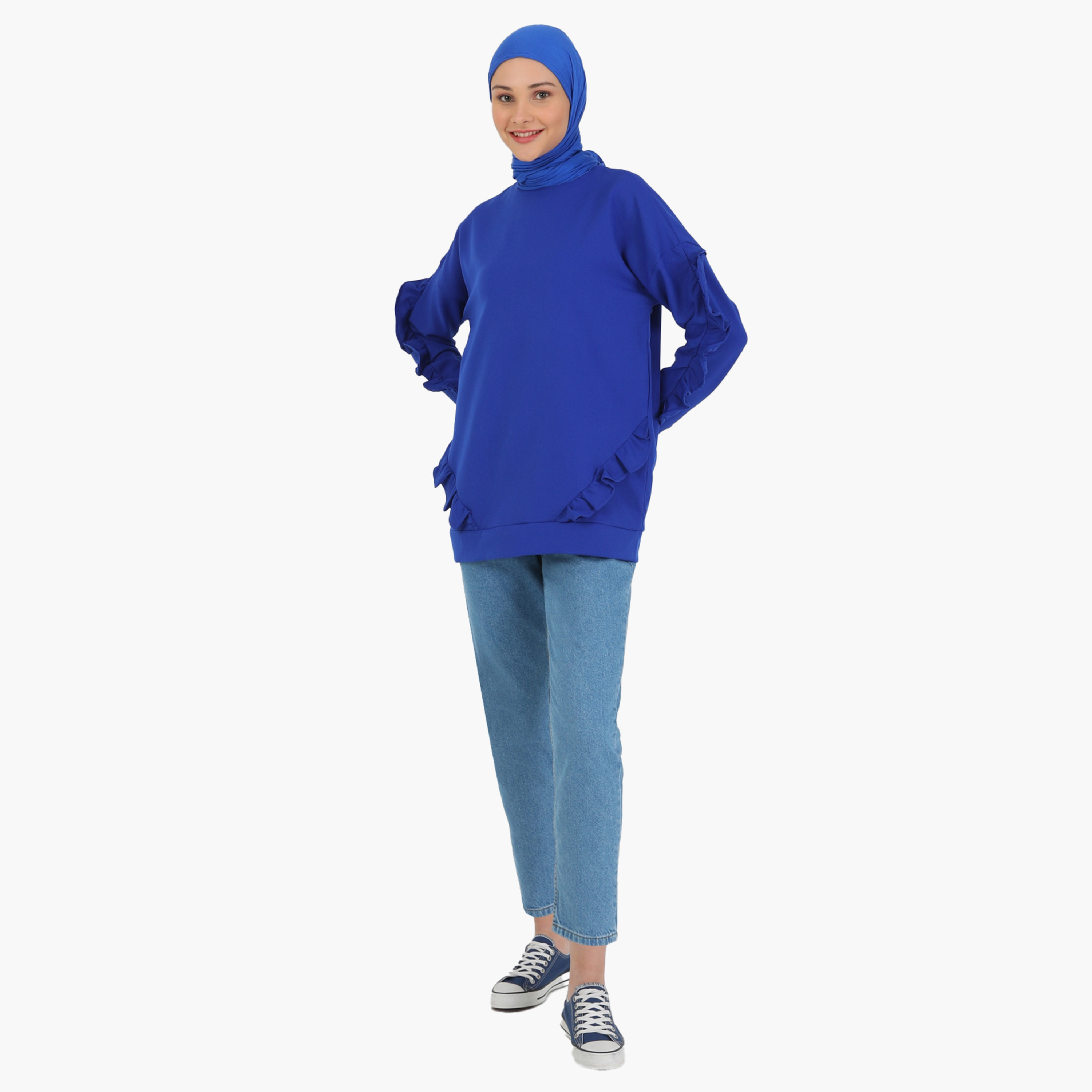 Modanisa Plain Crew Neck Long Sleeves Tunic with Ruffle Detail-women-clothing-shirtsandblouses-blouses-image-2