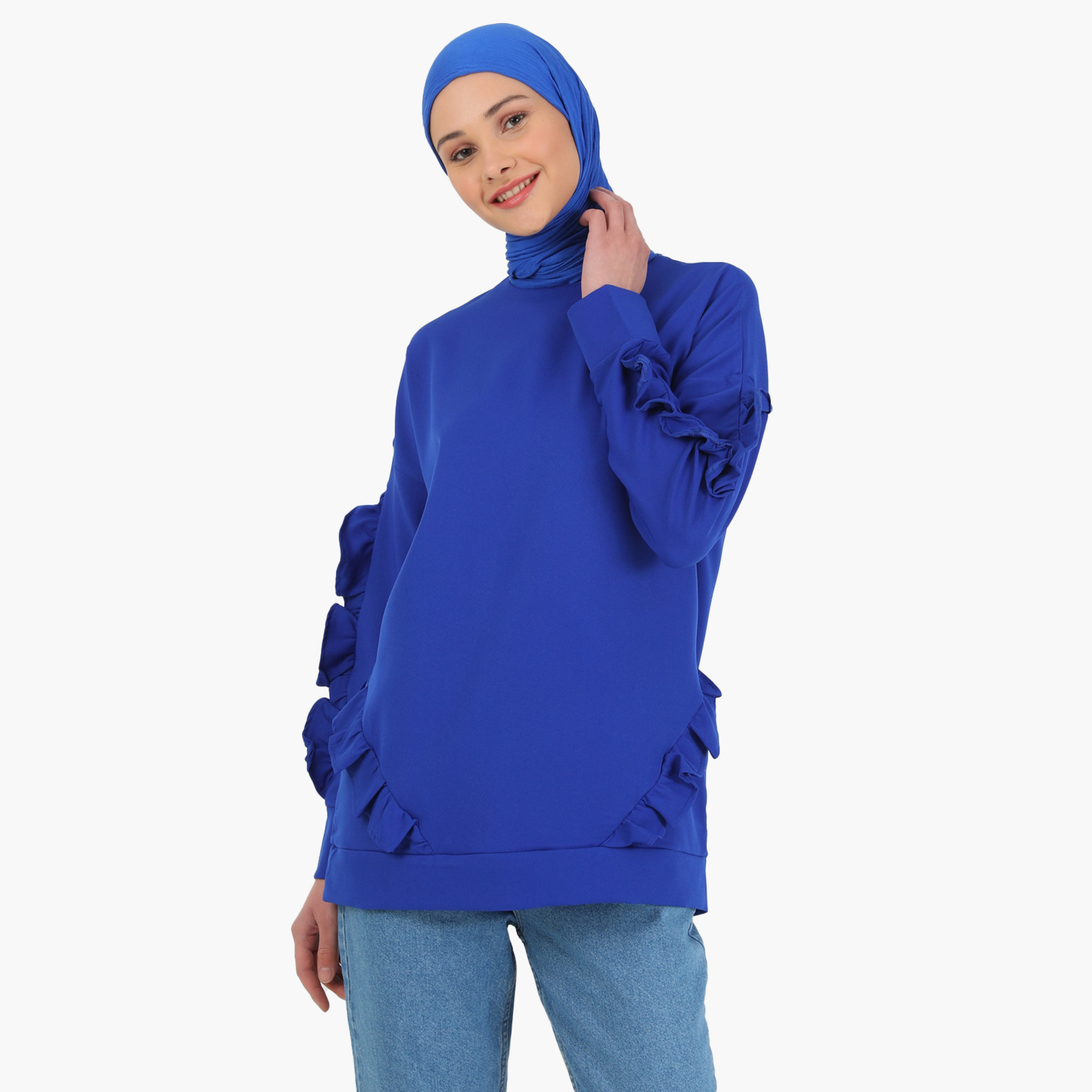 Modanisa Plain Crew Neck Long Sleeves Tunic with Ruffle Detail-women-clothing-shirtsandblouses-blouses-image-3