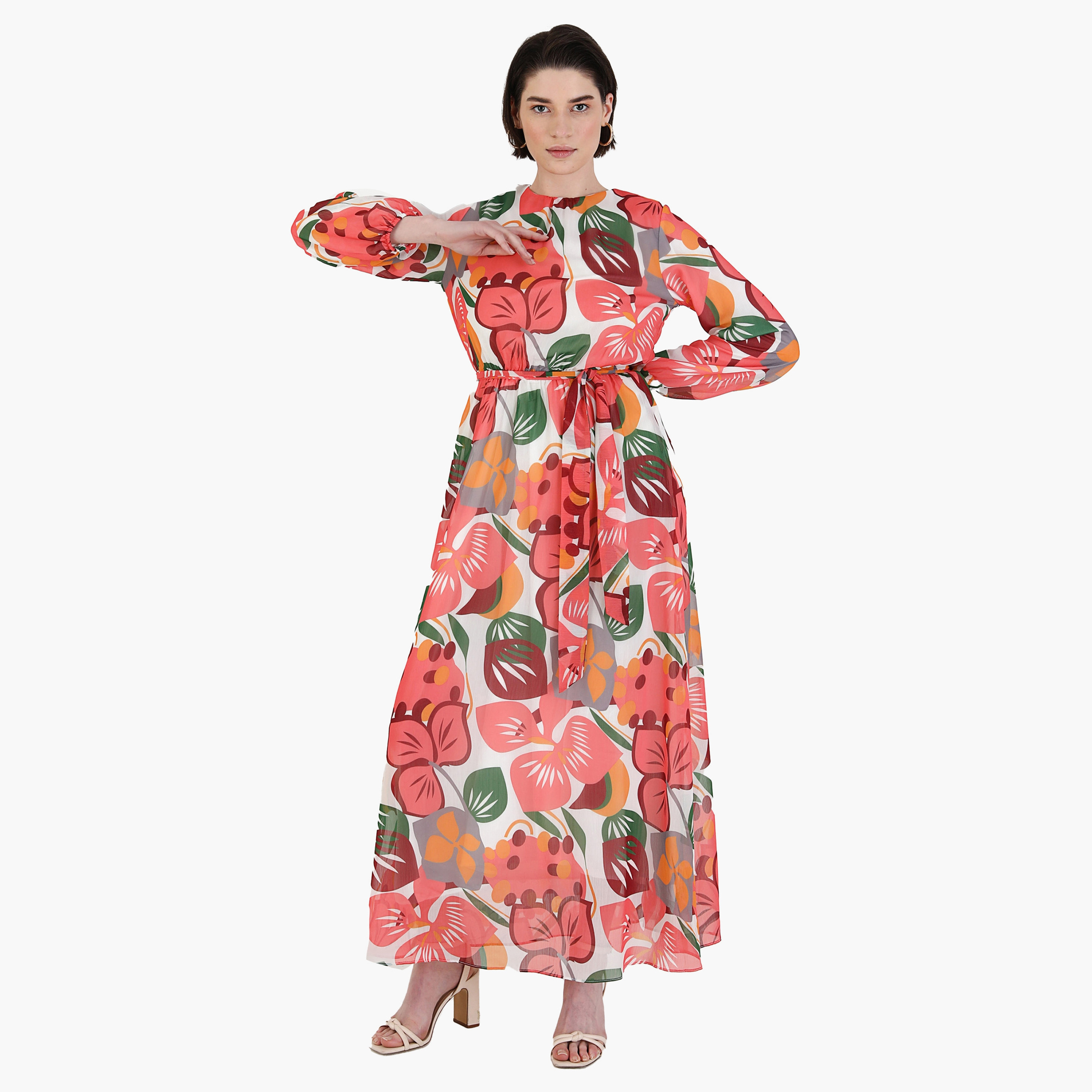 Modanisa Printed Crew Neck Tie Belt Back Zippered Modest Dress-women-clothing-dresses-image-1