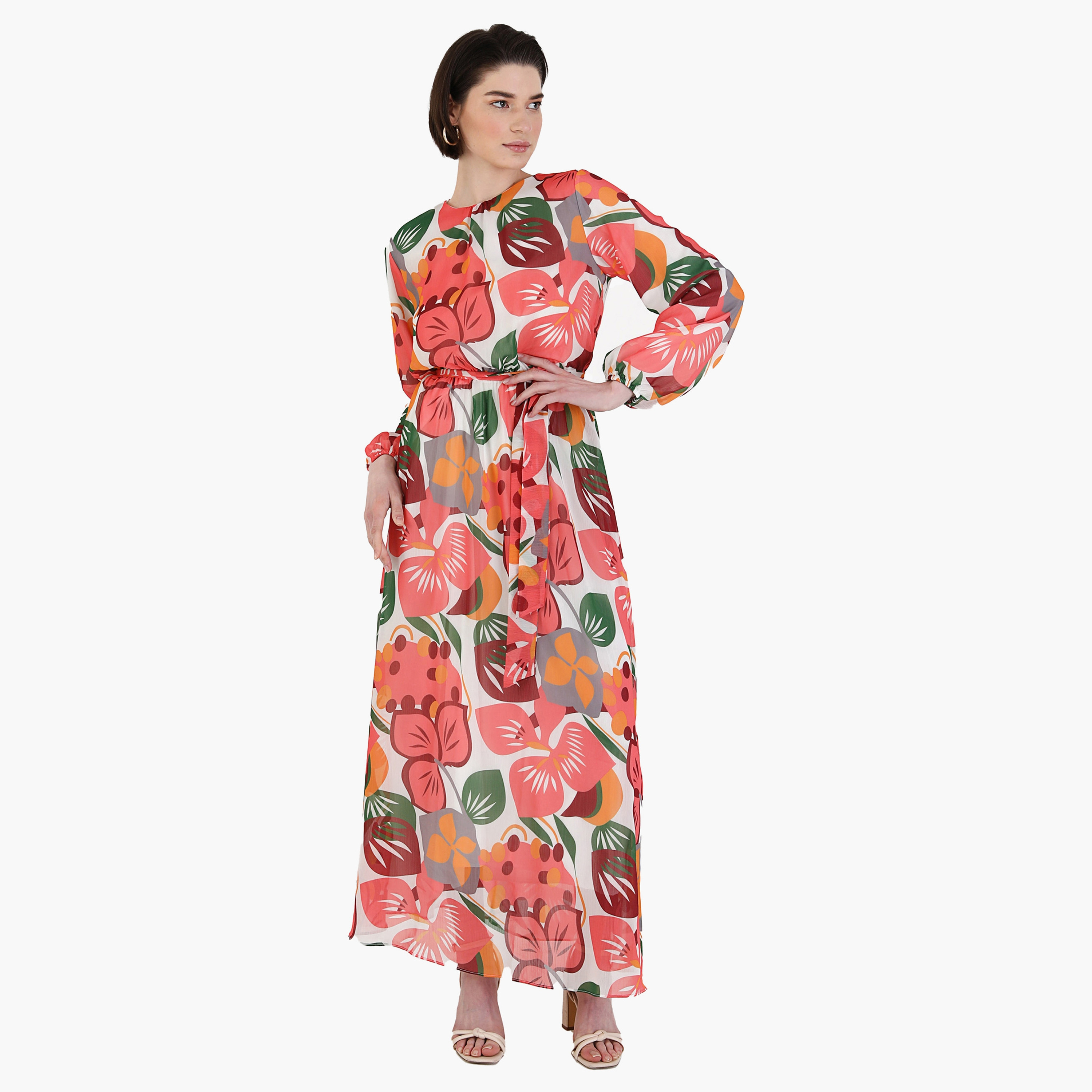 فستان متواضع مطبوعة برقبة دائرية وحزام ربطة وبسحاب خلفي من مودانيشا-women-clothing-dresses-image-2