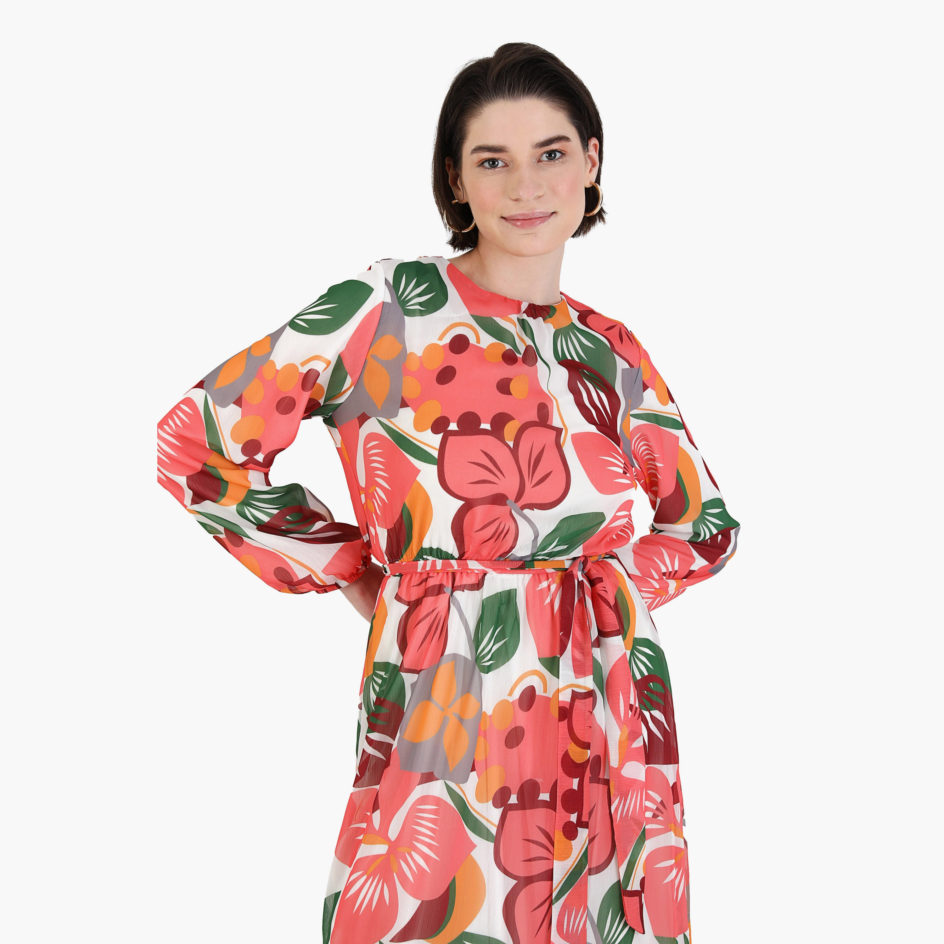 Modanisa Printed Crew Neck Tie Belt Back Zippered Modest Dress-women-clothing-dresses-image-3