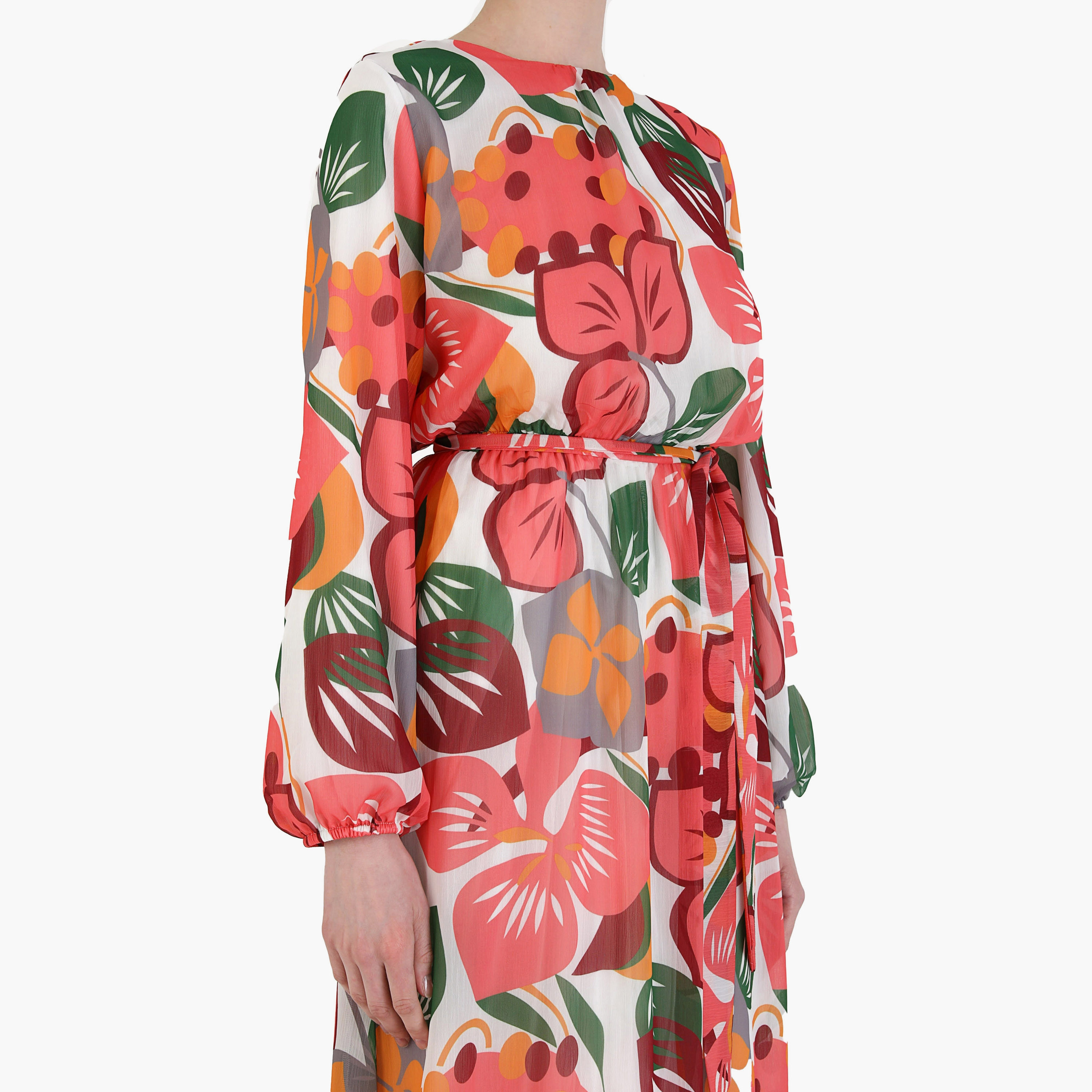 Modanisa Printed Crew Neck Tie Belt Back Zippered Modest Dress-women-clothing-dresses-image-4
