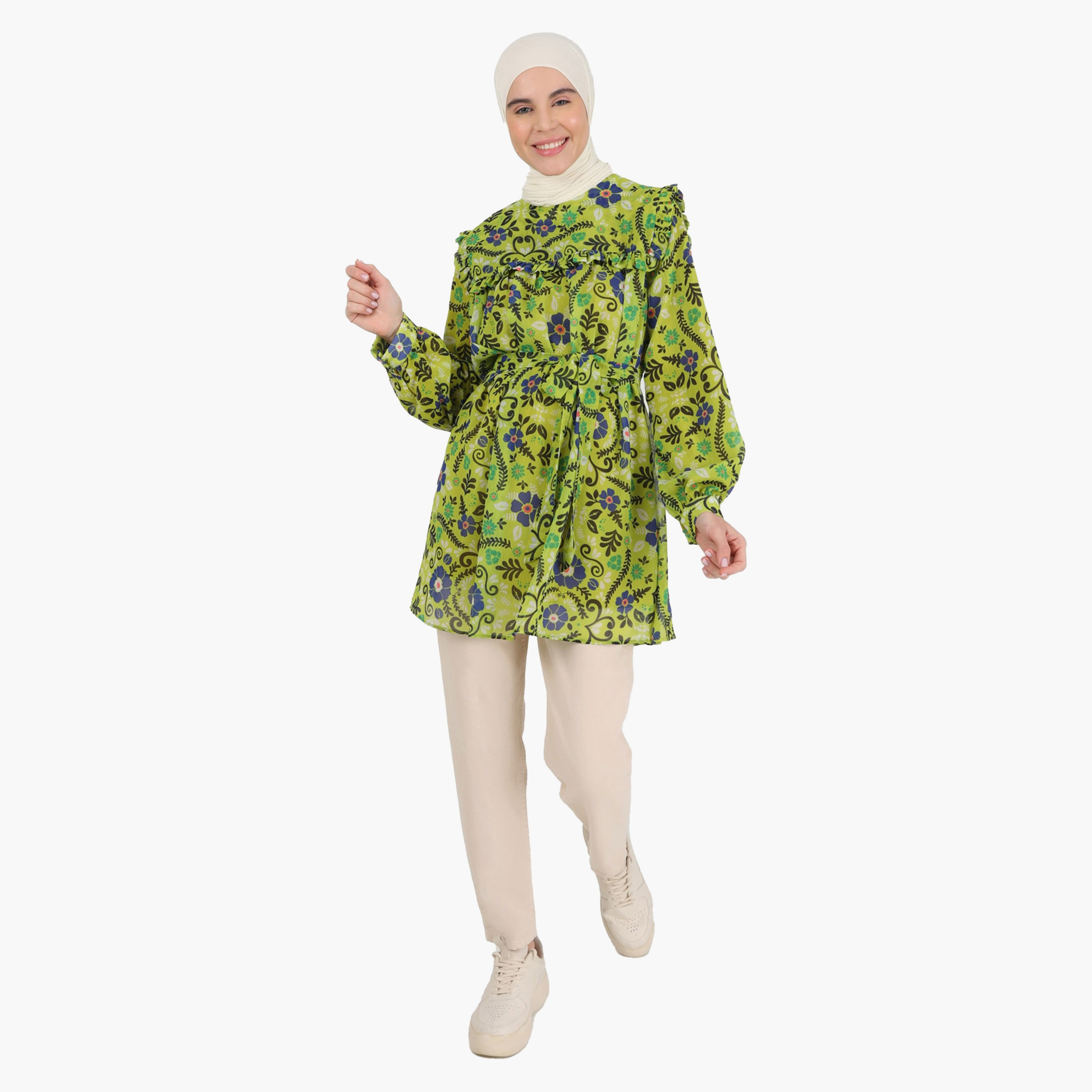 Modanisa Floral Crew Neck Long Sleeves Tunic with Tie Belt-women-clothing-shirtsandblouses-blouses-image-1