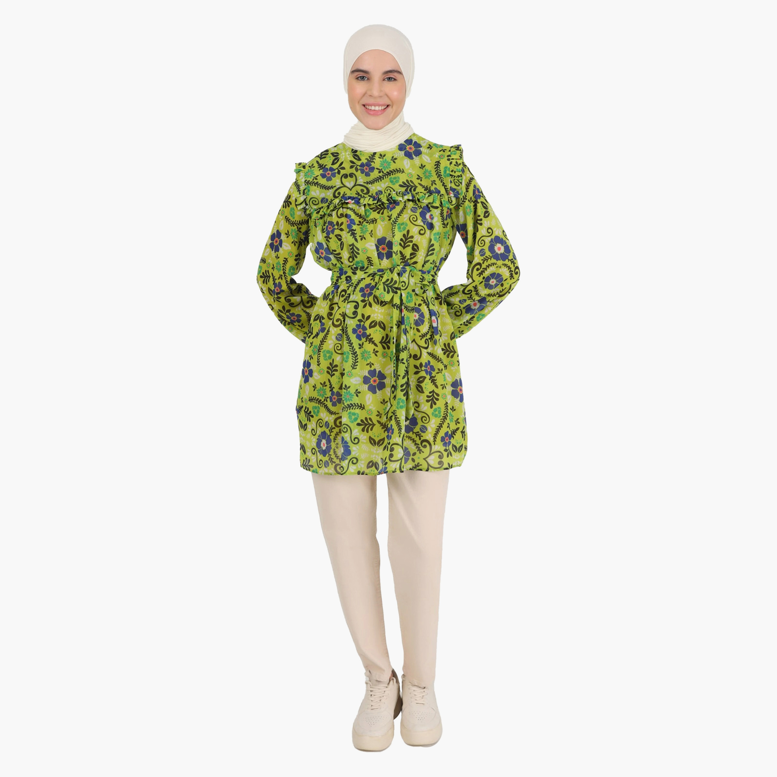 Modanisa Floral Crew Neck Long Sleeves Tunic with Tie Belt-women-clothing-shirtsandblouses-blouses-image-2