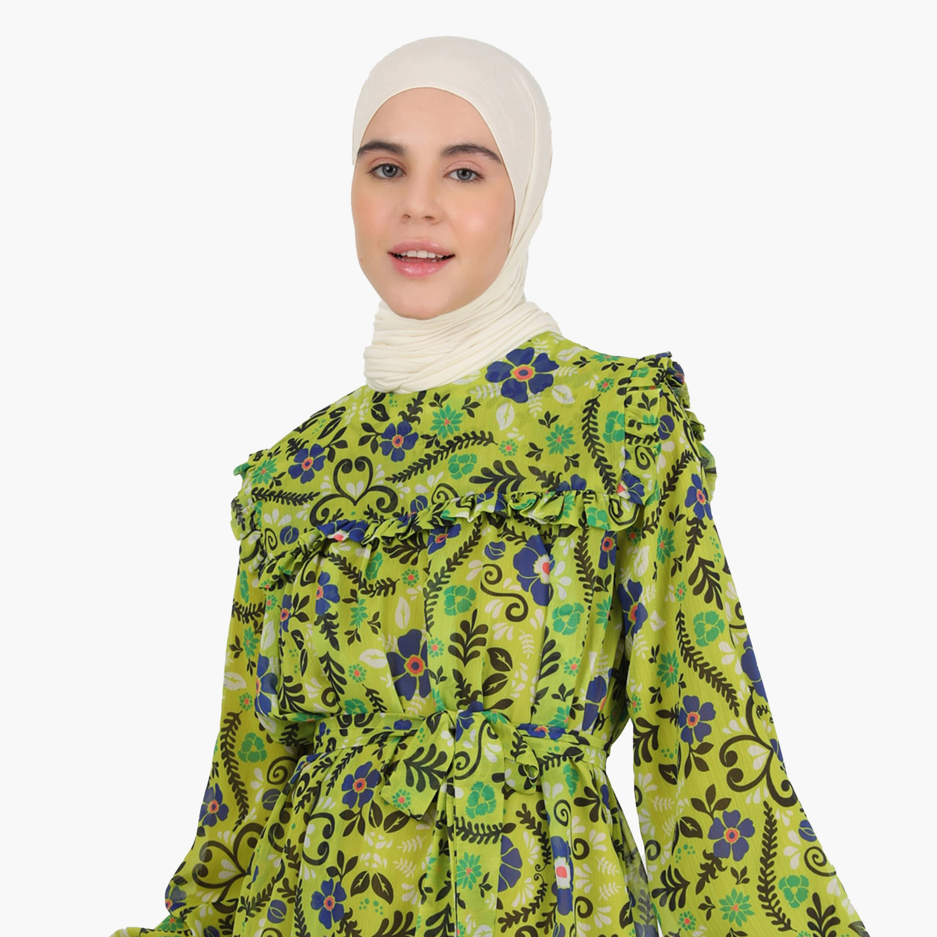 بلوزة تونيك مطبوعة بالزهور بياقة دائرية وأكمام طويلة مع حزام ربط من مودانيشا-women-clothing-shirtsandblouses-blouses-image-3
