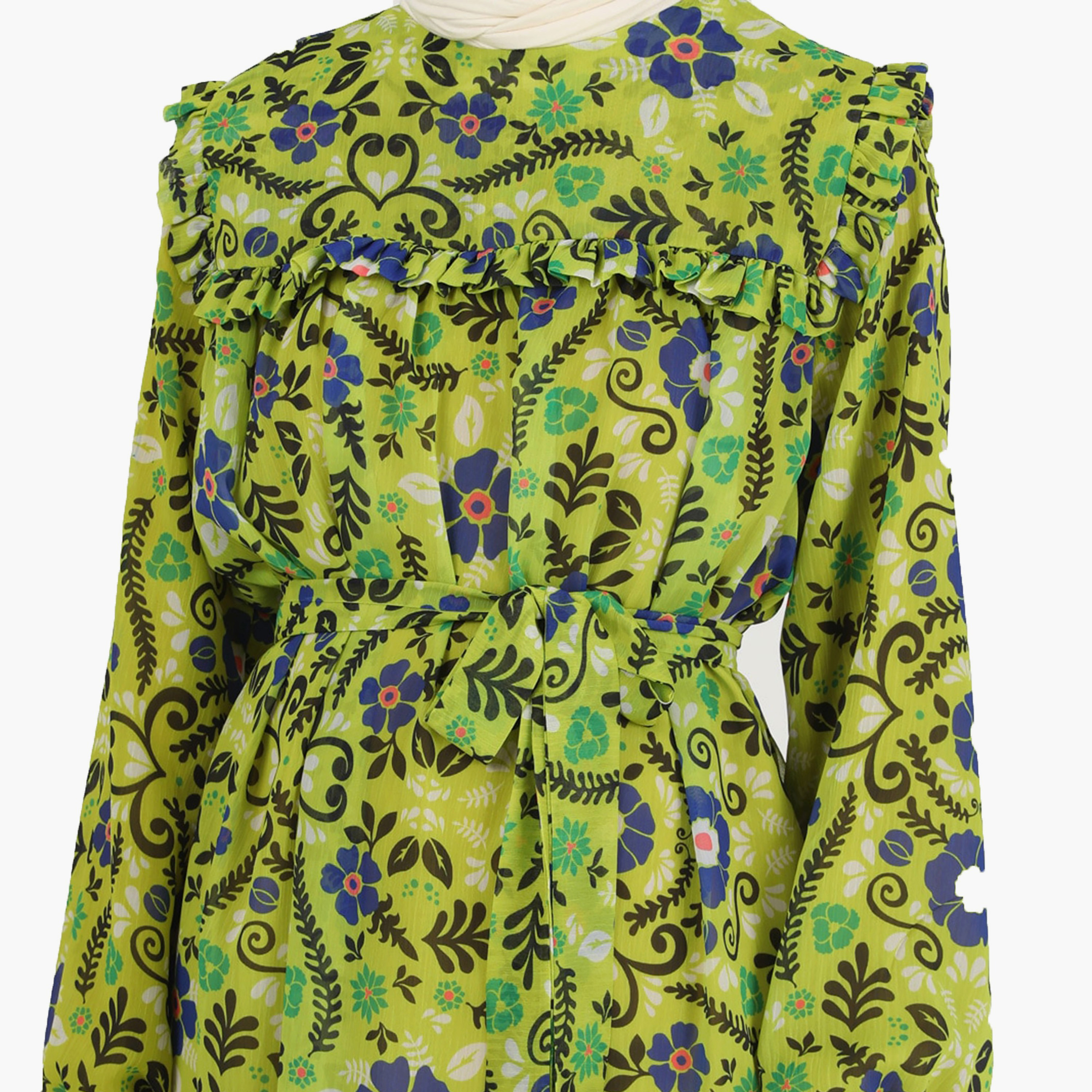 Modanisa Floral Crew Neck Long Sleeves Tunic with Tie Belt-women-clothing-shirtsandblouses-blouses-image-4