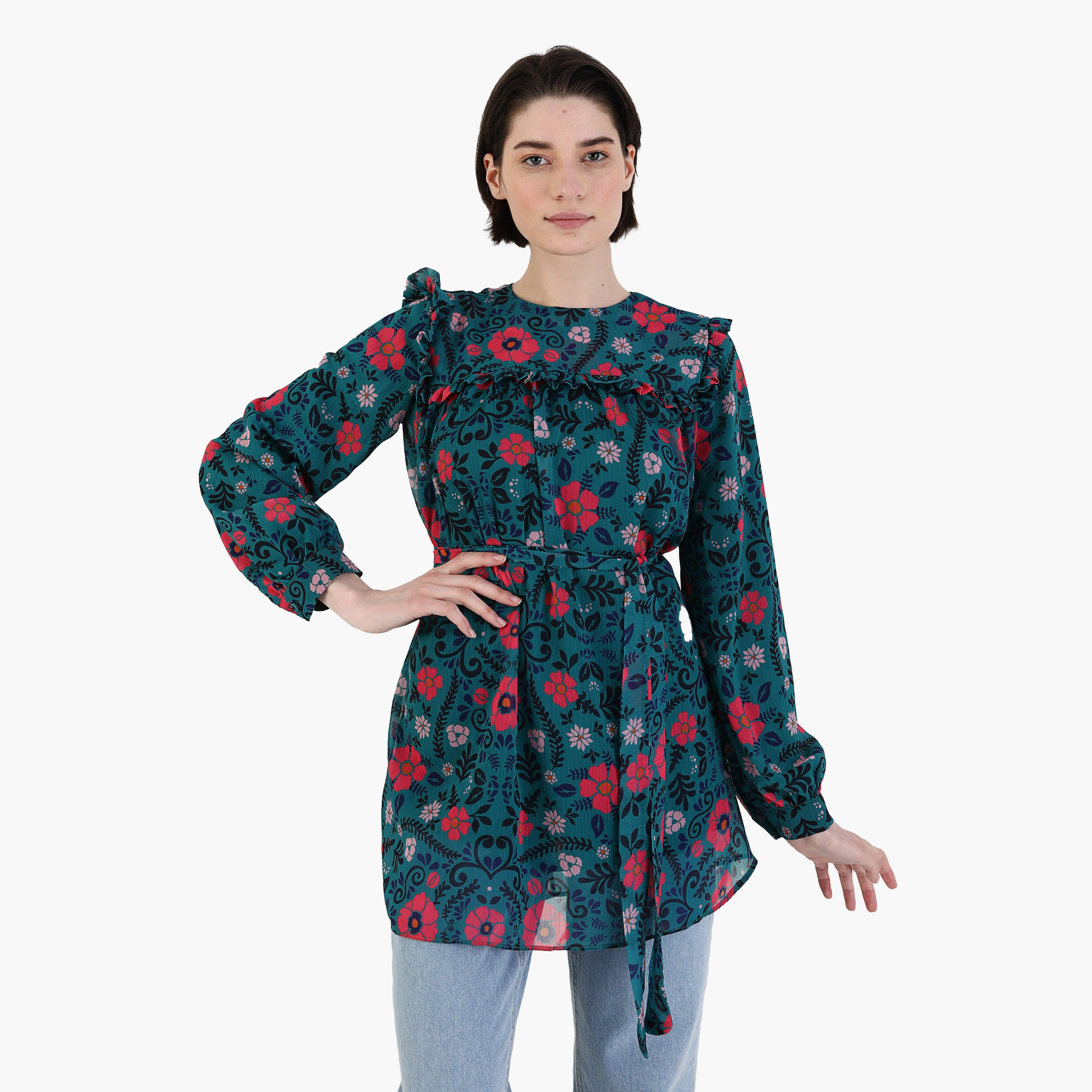 Modanisa Floral Crew Neck Long Sleeves Tunic with Tie Belt-women-clothing-shirtsandblouses-blouses-image-1