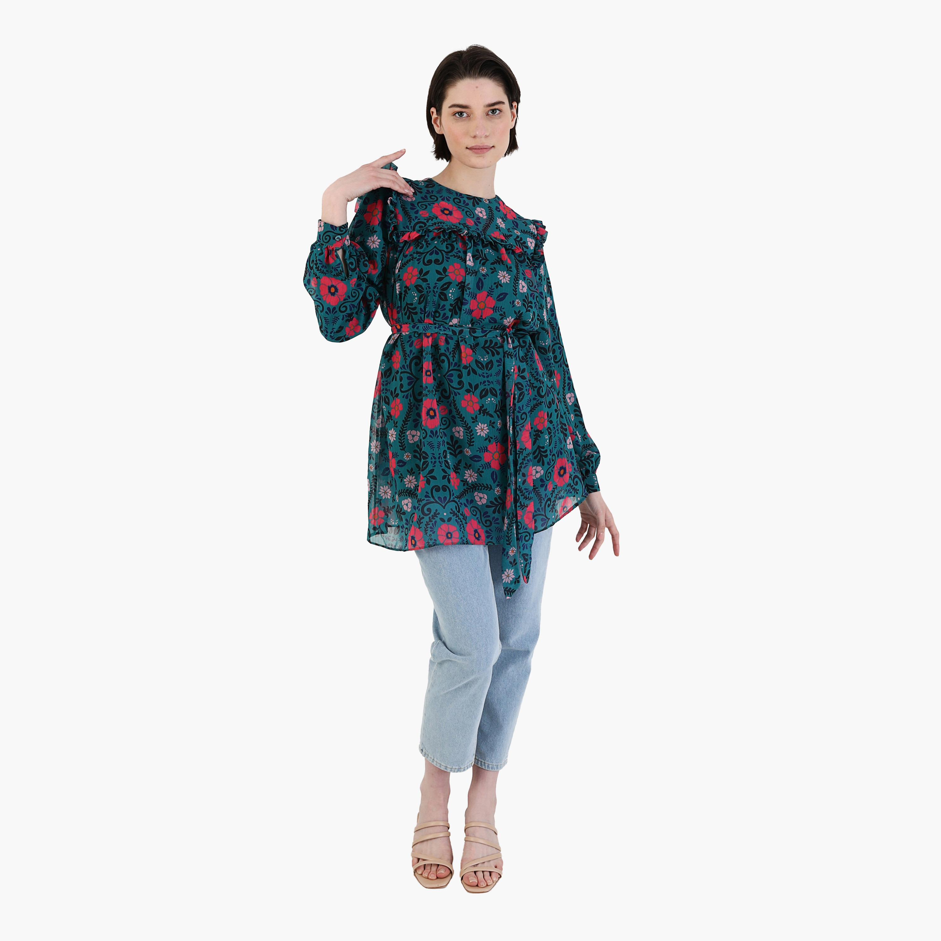 Modanisa Floral Crew Neck Long Sleeves Tunic with Tie Belt-women-clothing-shirtsandblouses-blouses-image-2