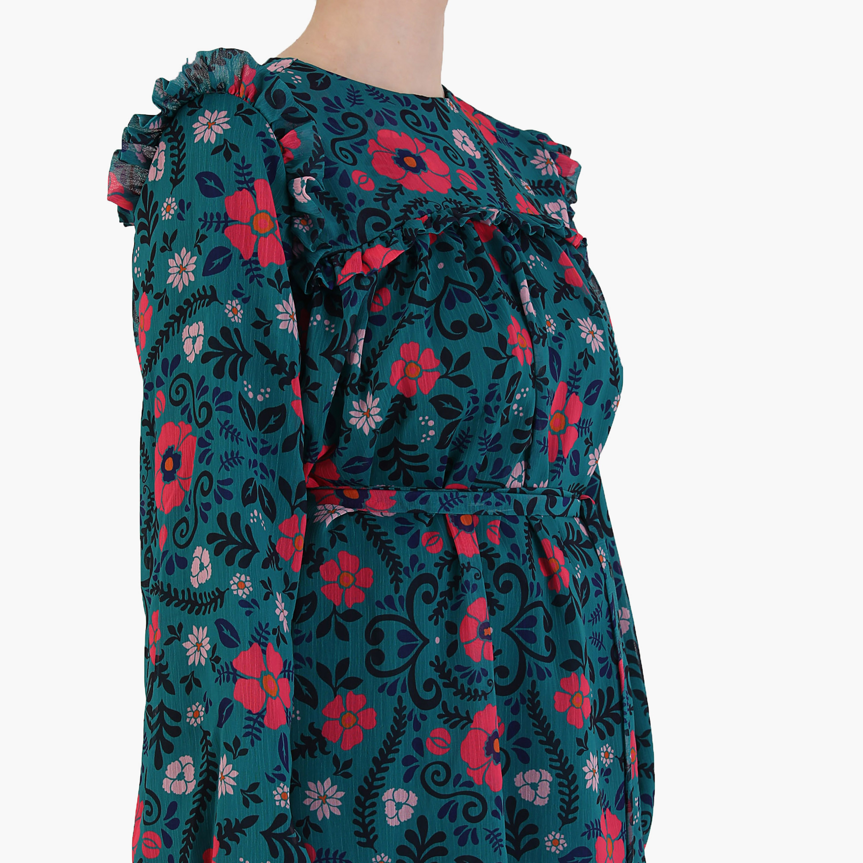Modanisa Floral Crew Neck Long Sleeves Tunic with Tie Belt-women-clothing-shirtsandblouses-blouses-image-3