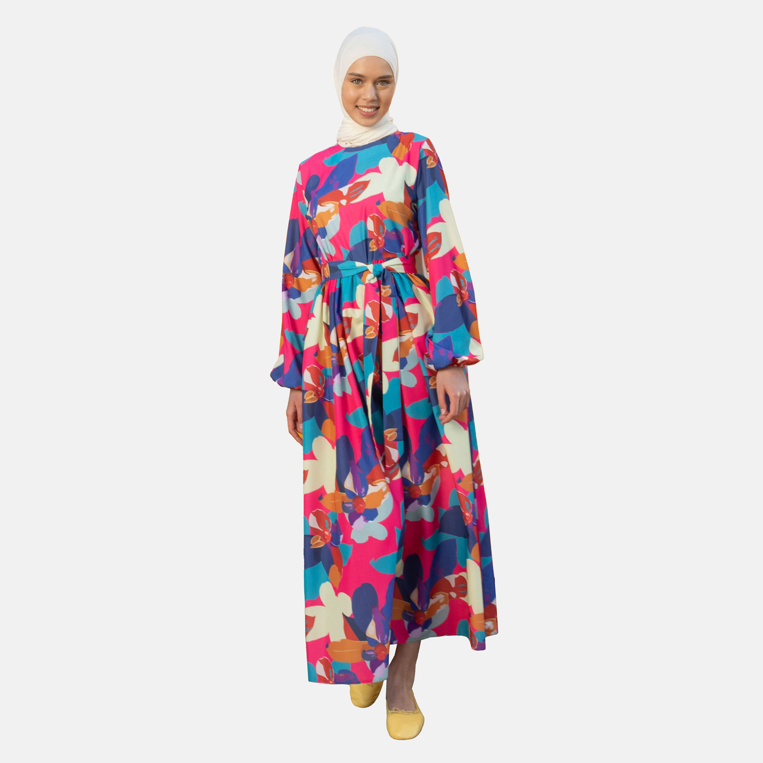 فستان مودانيسا مطبوع برقبة دائرية ورباط أمامي مع حزام-women-clothing-dresses-image-1