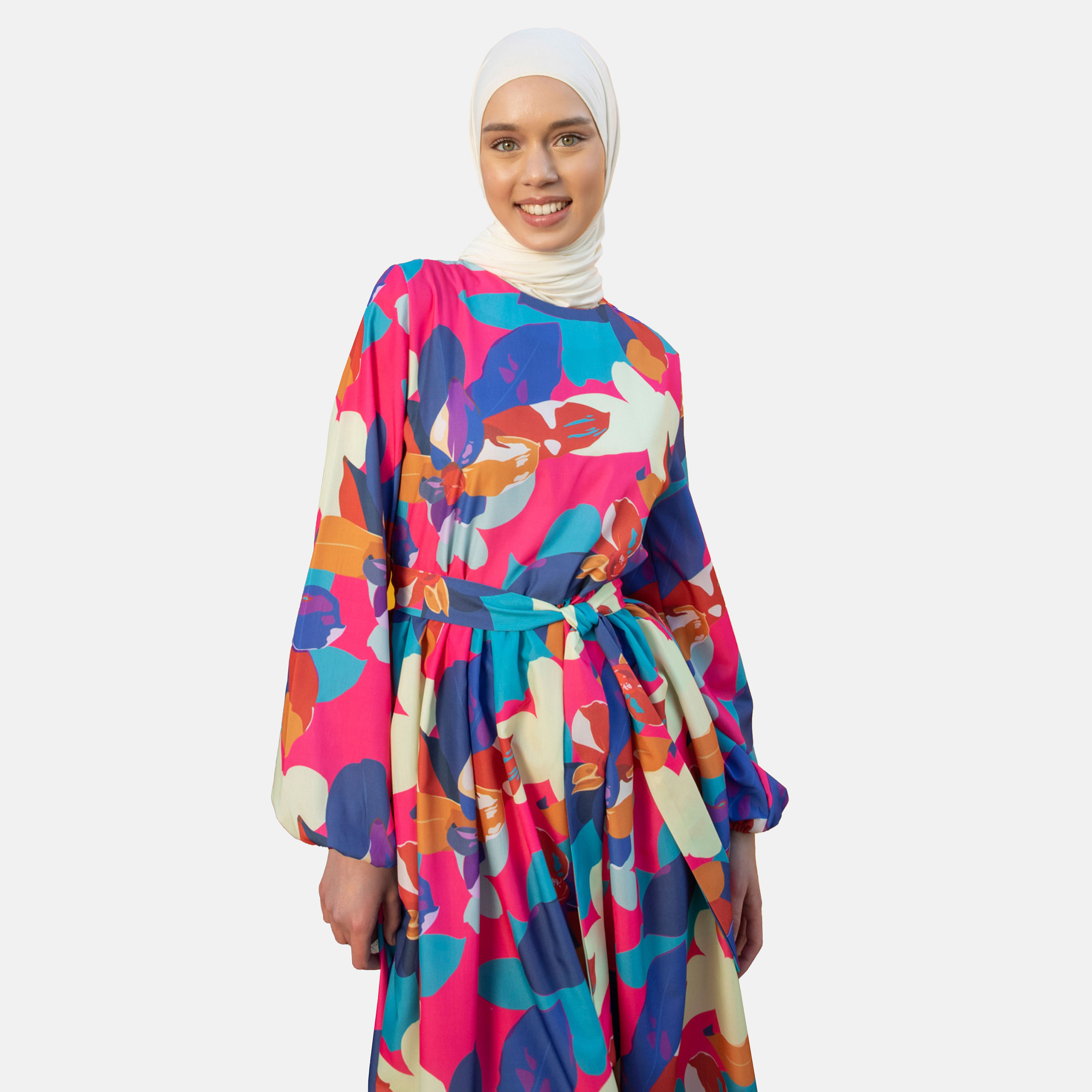 Modanisa Printed Crew Neck Front Tie-Up Belted Dress-women-clothing-dresses-image-2