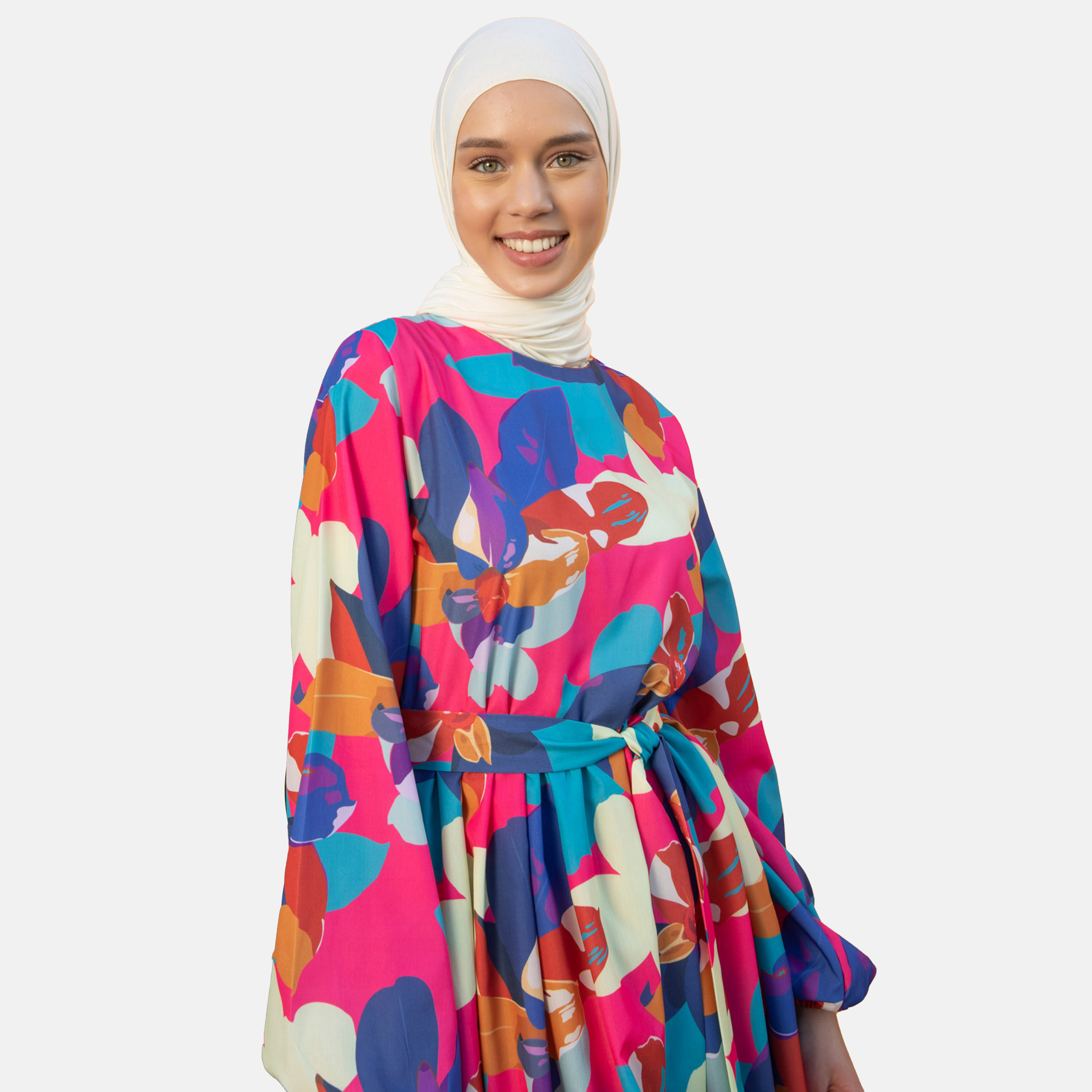 Modanisa Printed Crew Neck Front Tie-Up Belted Dress-women-clothing-dresses-image-3