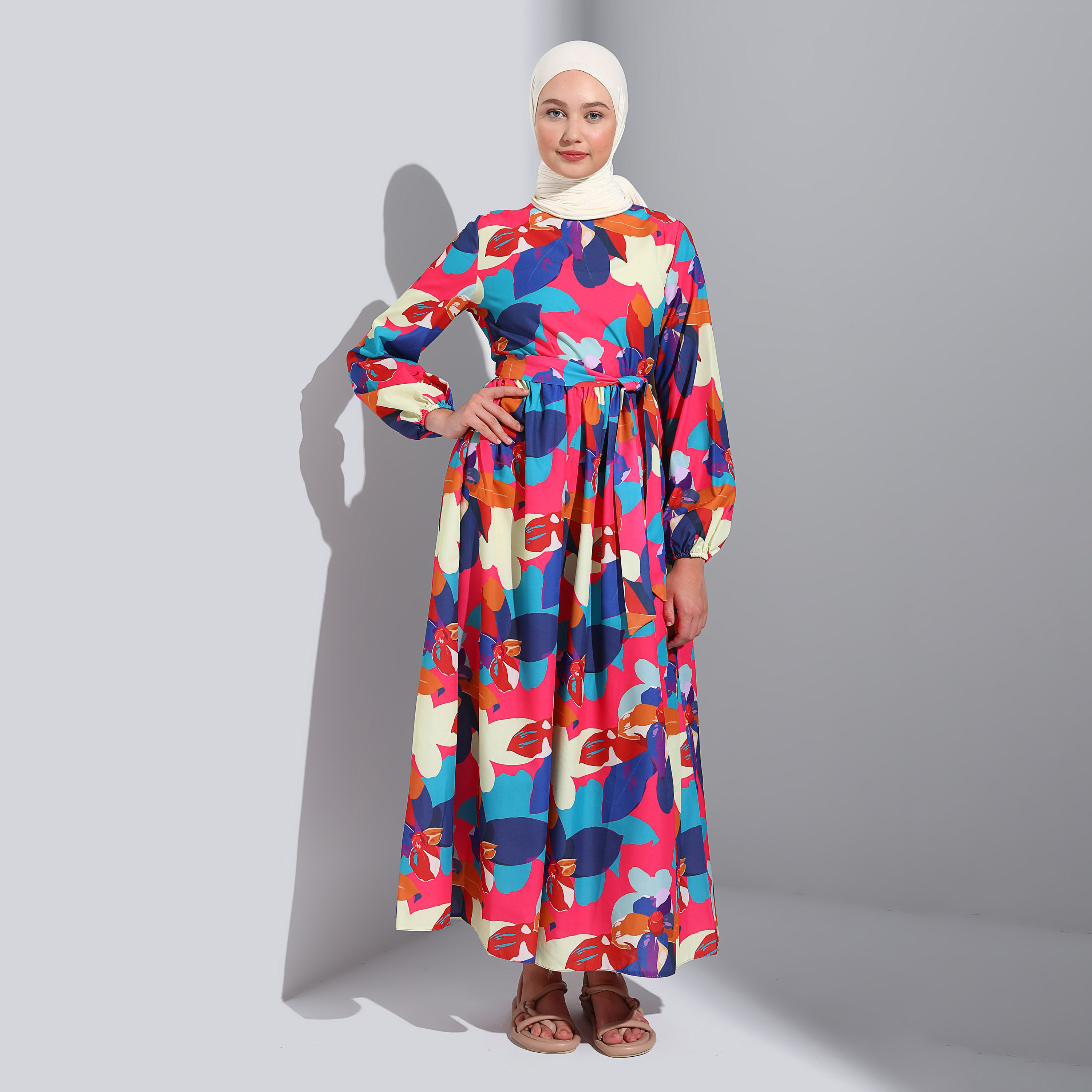 Modanisa Printed Crew Neck Front Tie-Up Belted Dress-women-clothing-dresses-image-4
