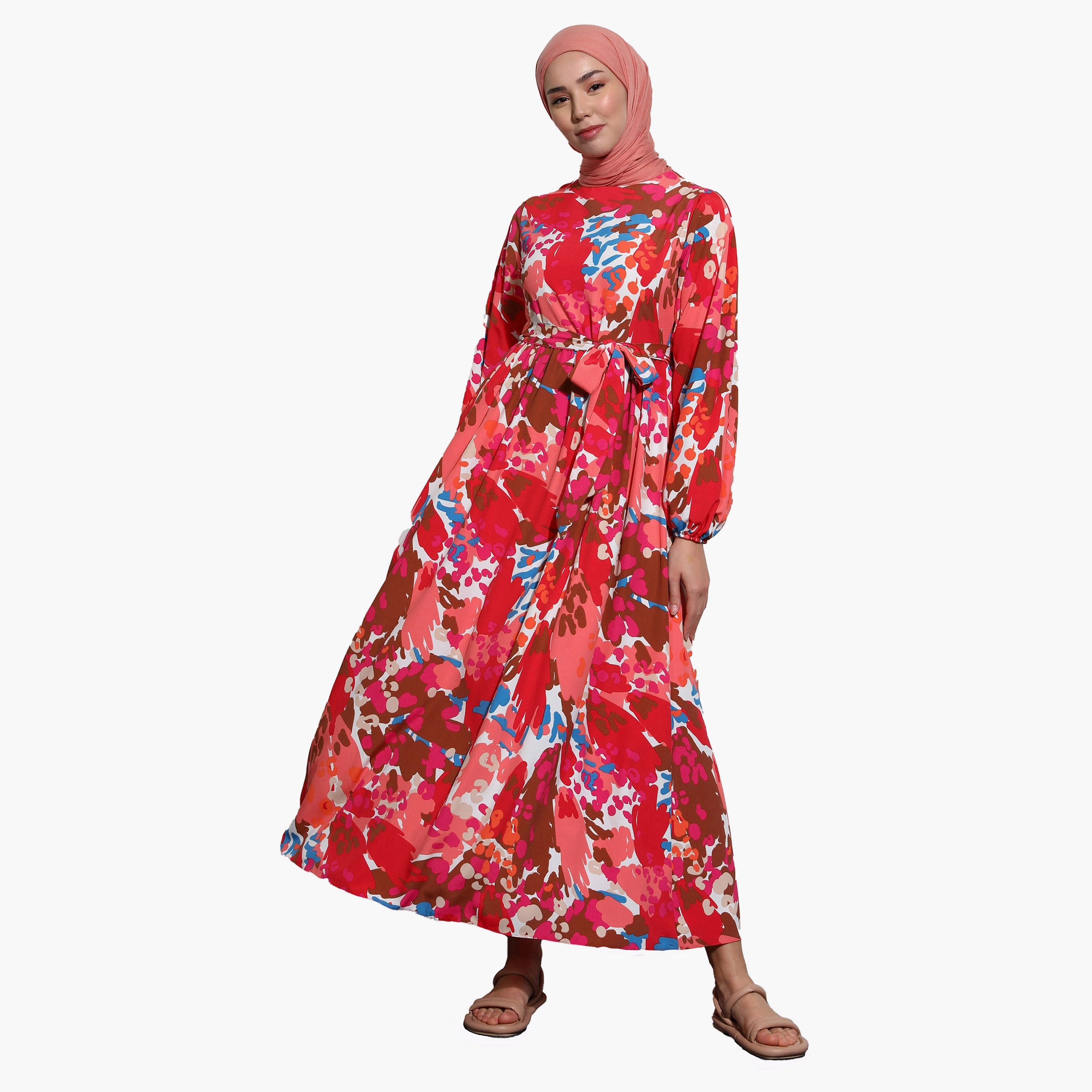 Modanisa Printed Crew Neck Tie Belt Back Zippered Modest Dress-women-clothing-dresses-image-1