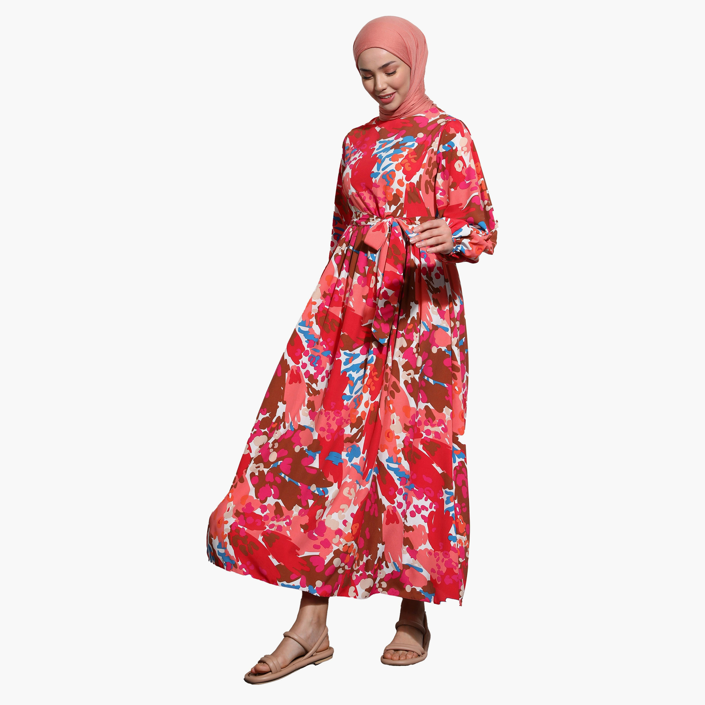 فستان متواضع مطبوعة برقبة دائرية وحزام ربطة وبسحاب خلفي من مودانيشا-women-clothing-dresses-image-2