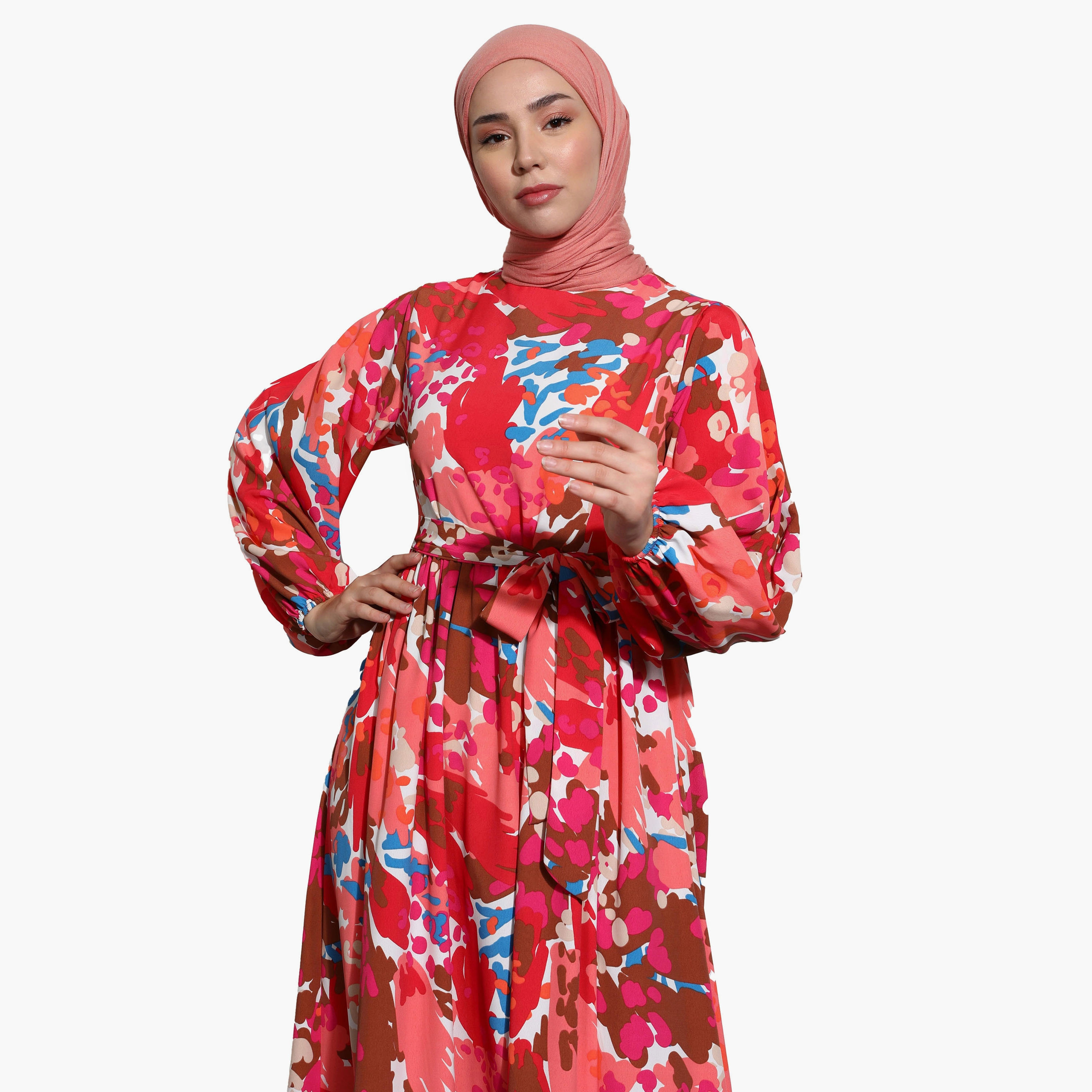 Modanisa Printed Crew Neck Tie Belt Back Zippered Modest Dress-women-clothing-dresses-image-3