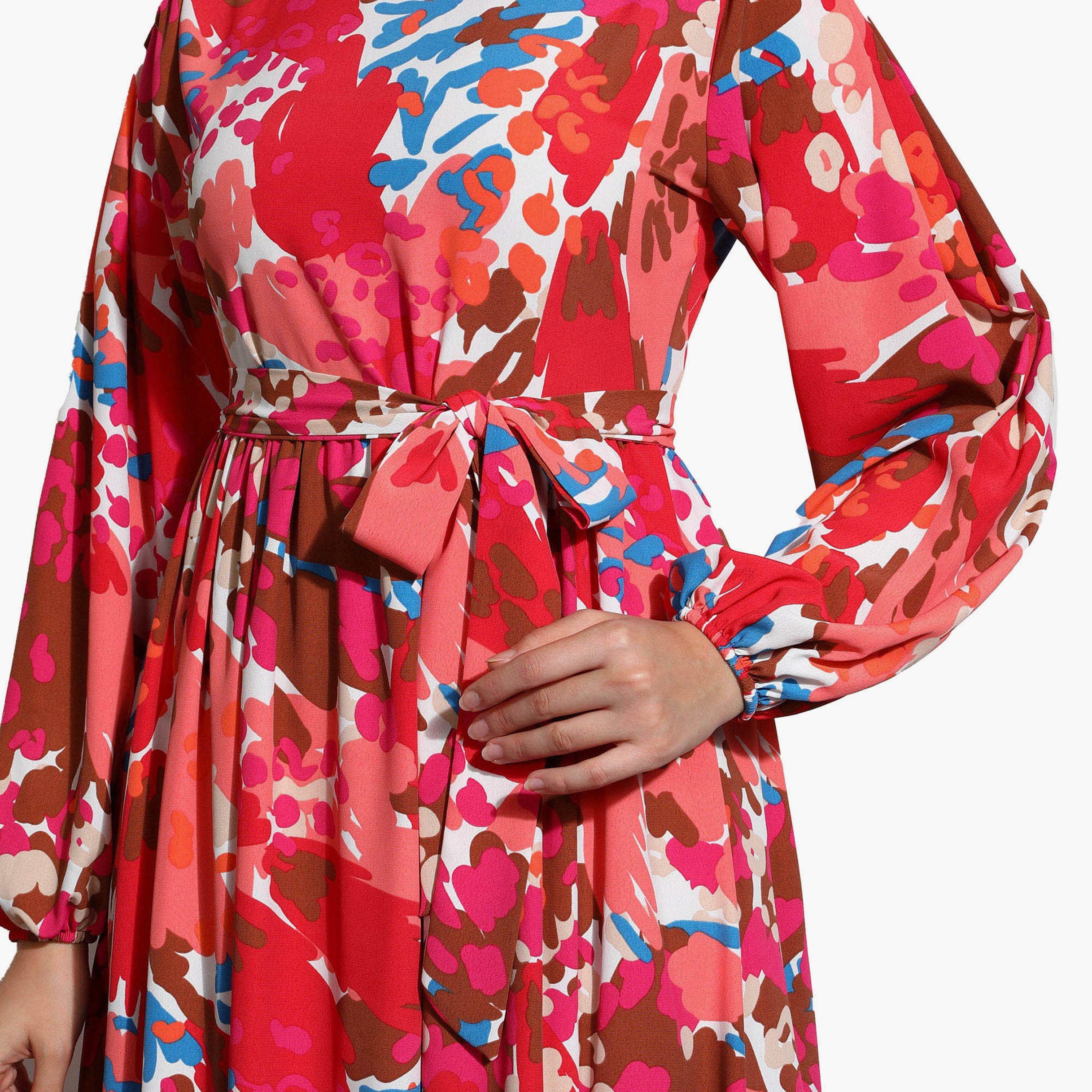 Modanisa Printed Crew Neck Tie Belt Back Zippered Modest Dress-women-clothing-dresses-image-4