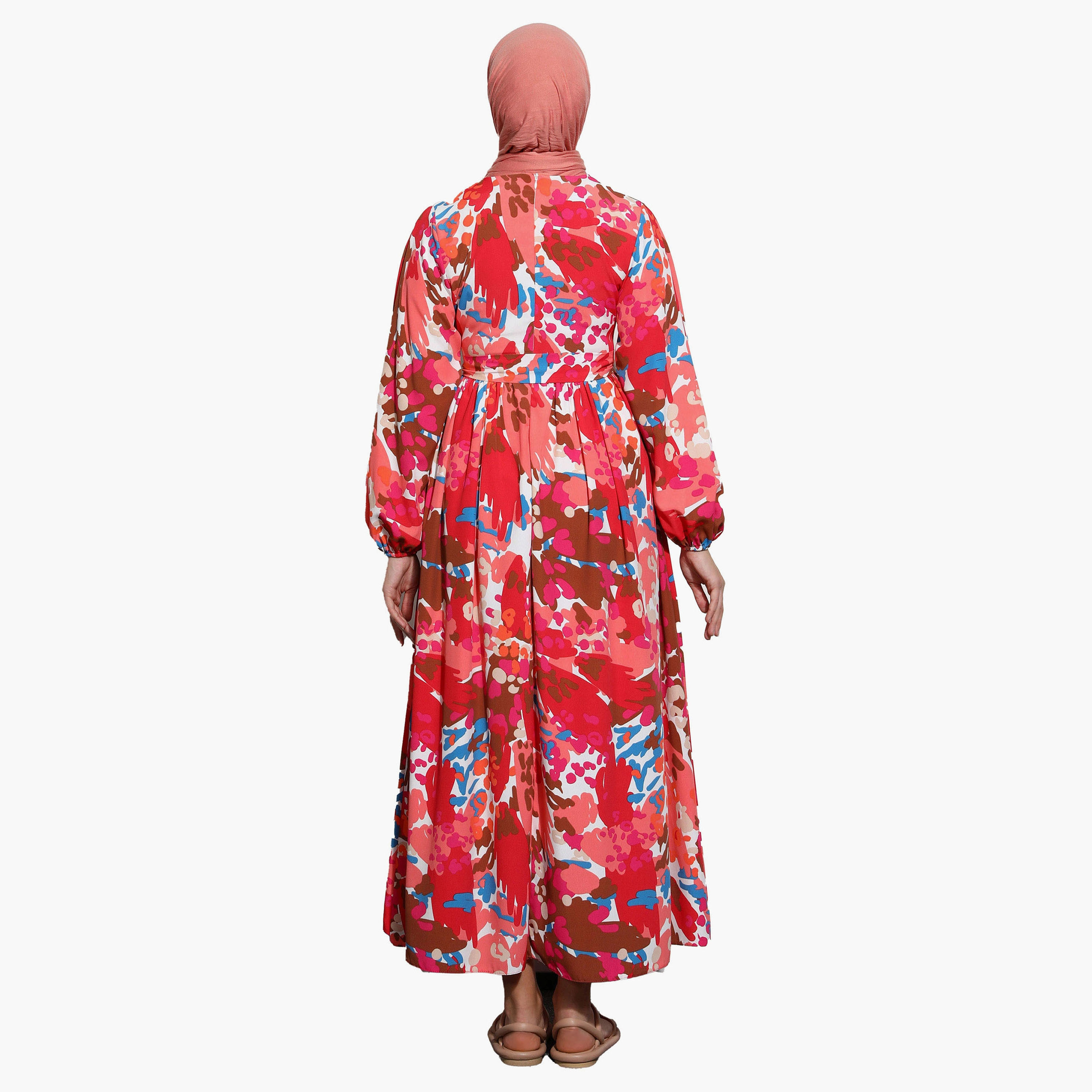 Modanisa Printed Crew Neck Tie Belt Back Zippered Modest Dress-women-clothing-dresses-image-5