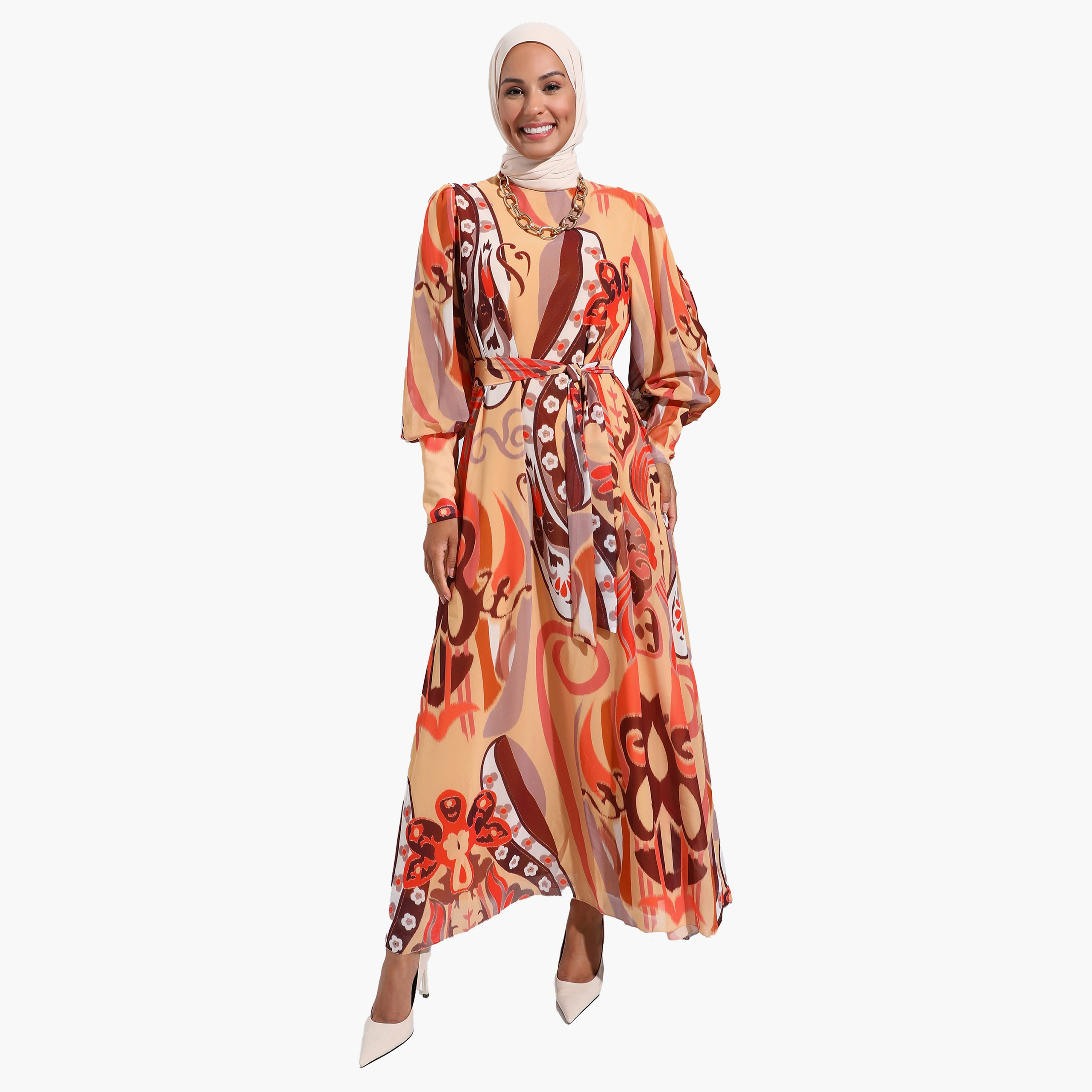 Modanisa Printed Crew Neck Tie Belt Back Zippered Modest Dress-women-clothing-dresses-image-1
