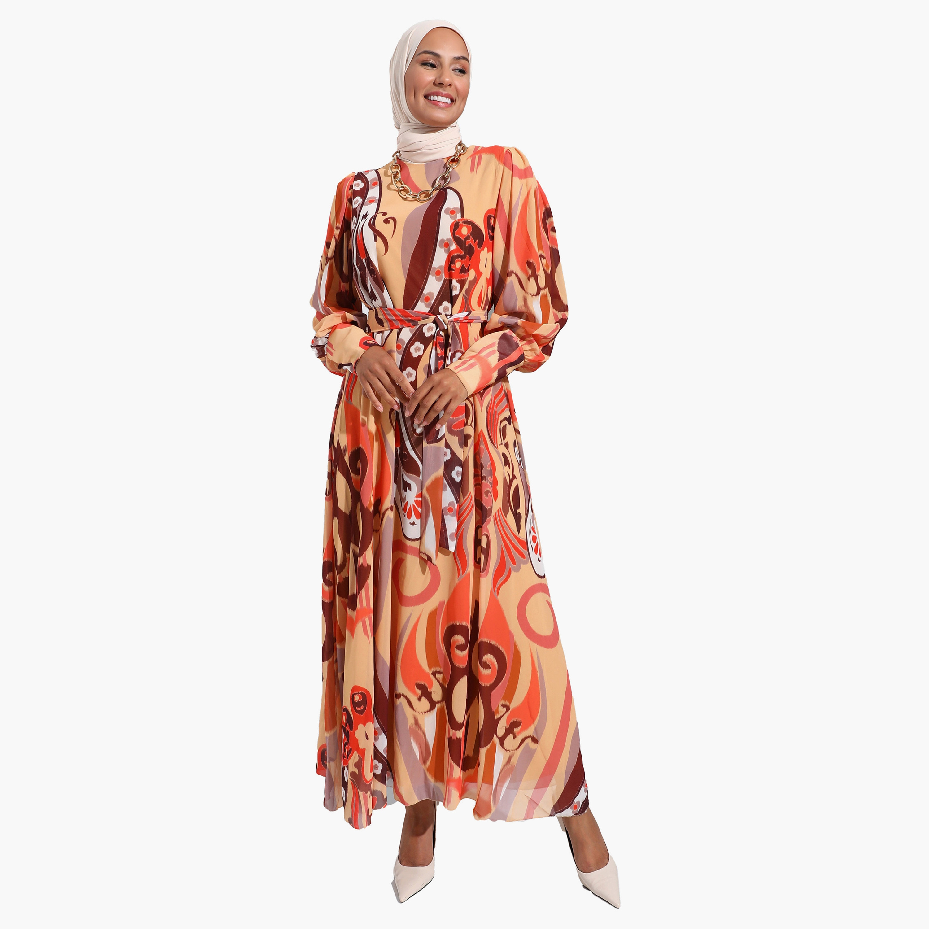 فستان متواضع مطبوعة برقبة دائرية وحزام ربطة وبسحاب خلفي من مودانيشا-women-clothing-dresses-image-2